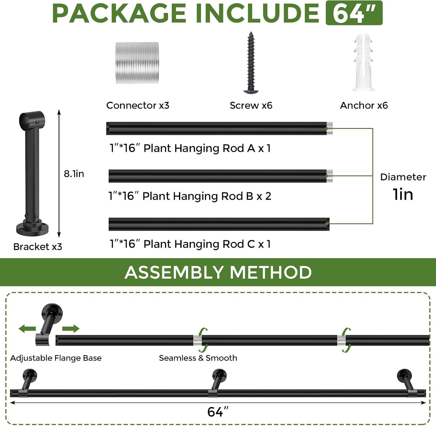 Window Plant Hanger Indoor, 64 Inch Heavy Duty Plant Hanging Rod, 1 Inch Metal Hanging Plant Holder for Window Wall, Matte Black Round Flange Base, Pot Not Included