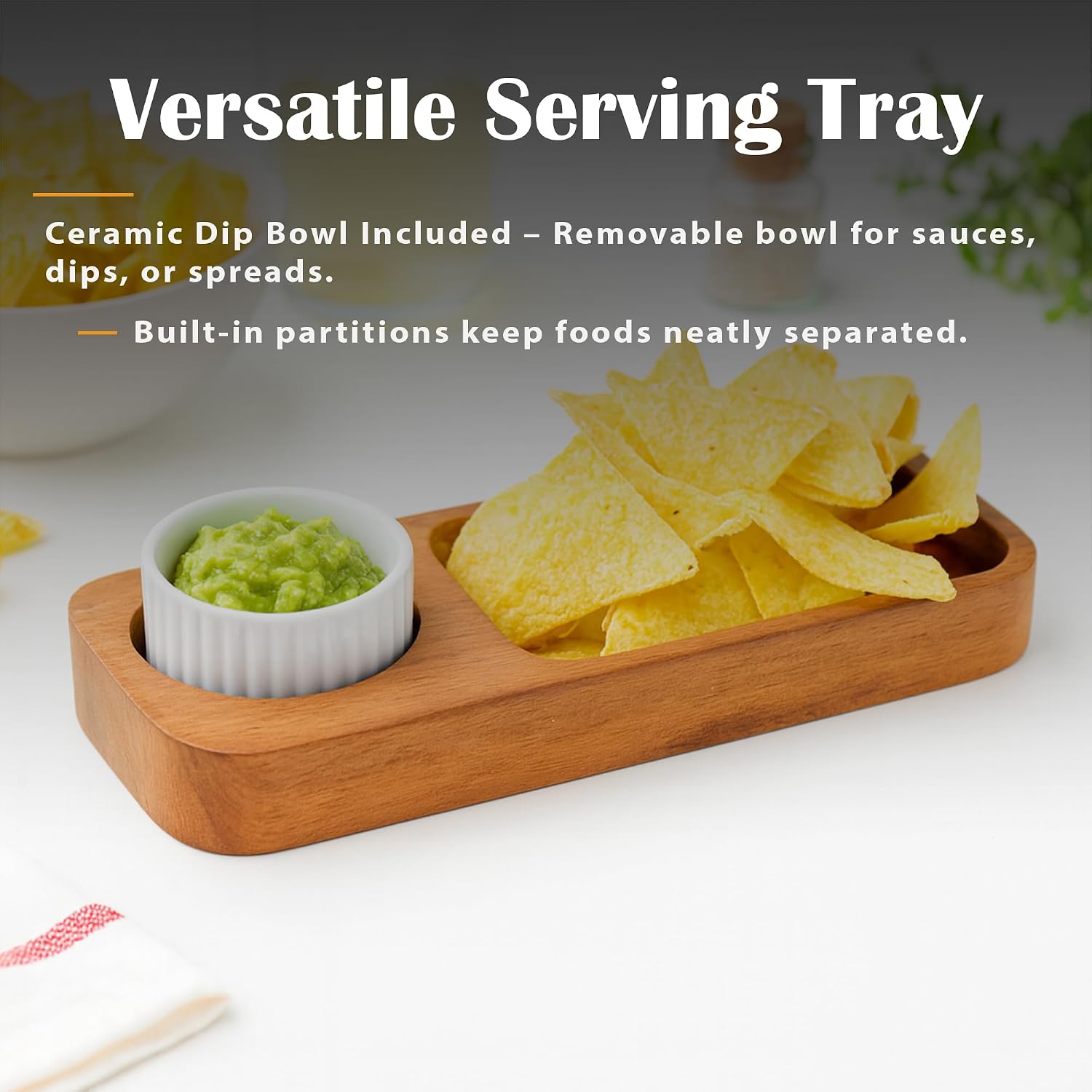 GoCraft Acacia Wood Partition Serving Platter – 12 x 4 Inch – with Ceramic Dip Bowl | Rustic Wooden Snack Tray with Sectioned Compartments for Chips, Nachos, Cheese, Fruits, Appetizer | Natural Finish
