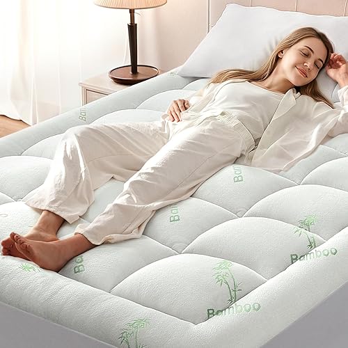 Anluoer Memory Foam Mattress Topper Queen for Back Pain, Rayon Derived from Bamboo Pillow Top Mattress Topper for Hot Sleepers,Cooling Mattress Pad with 8-21" Deep Pocket, 60x80 Inches, White