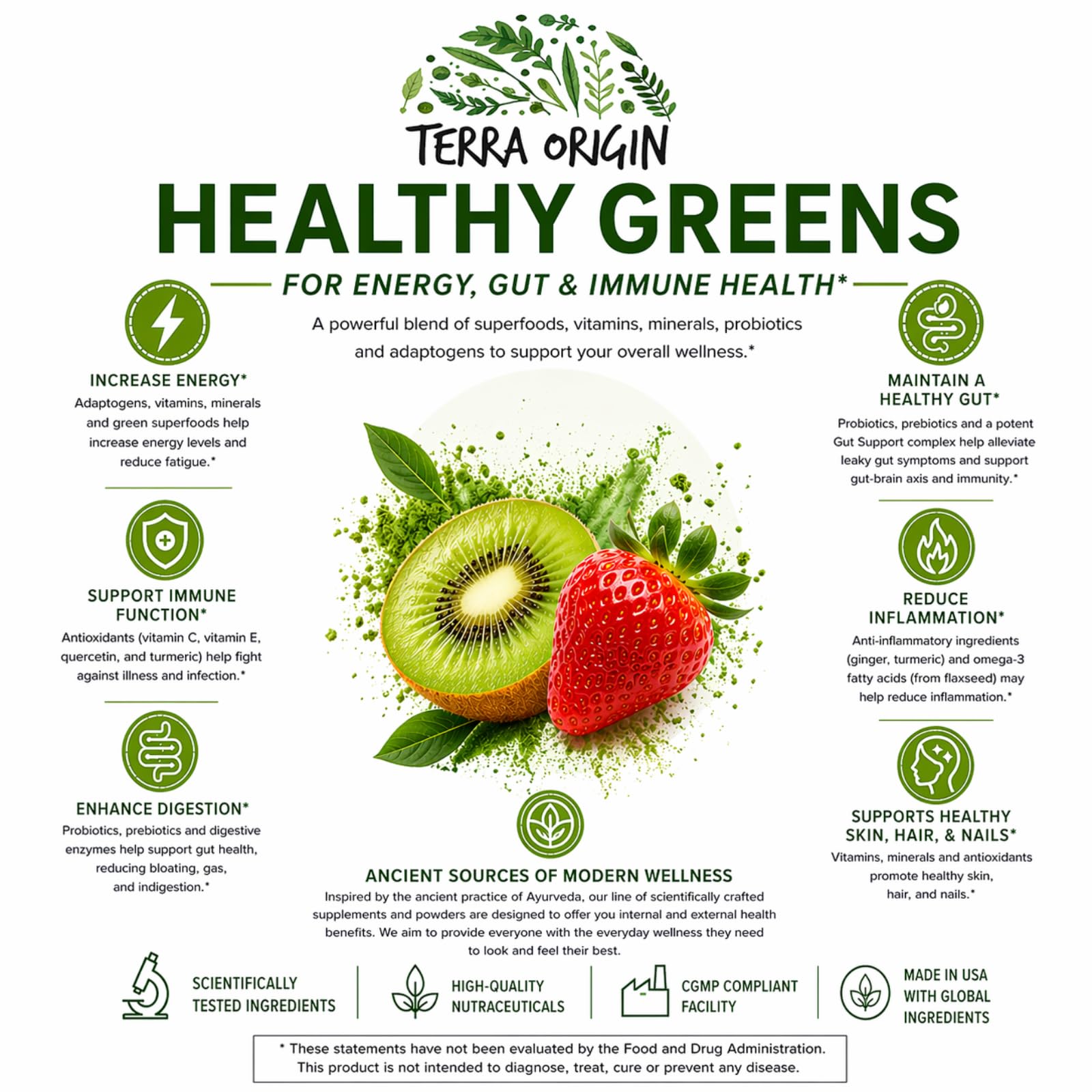 TERRA ORIGIN Super Greens Powder | Greens Superfood Powder with Probiotics, Enzymes & Spirulina | Vegan, Non-GMO, Gluten Free | Gut Health, Immunity & Bloating Relief | 30 Servings Kiwi Strawberry — Amazon image 3