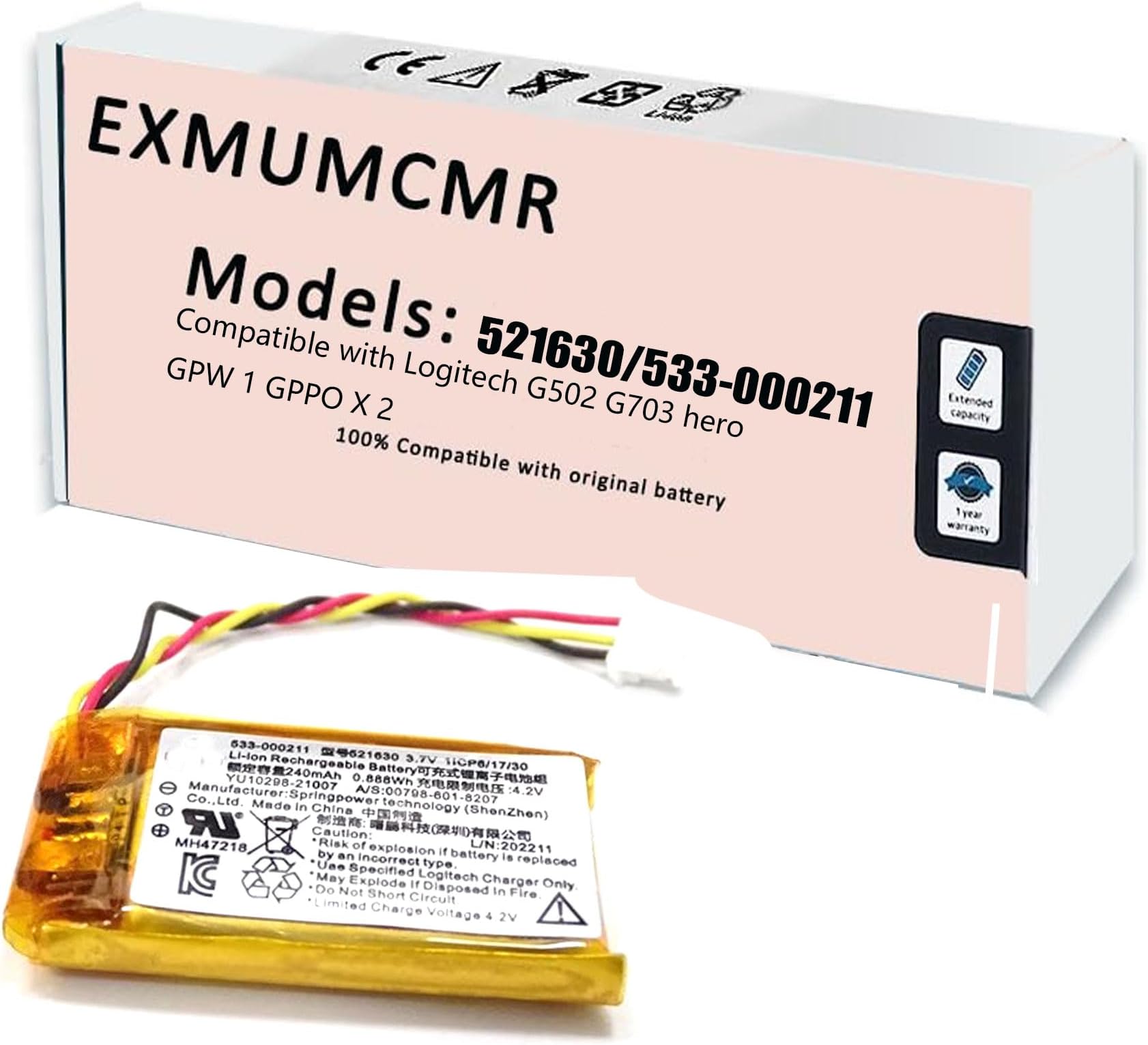 533-000151 533-000211 521630 Battery Replacement for Logitech 533-000069, A-00031, G Pro Wireless, G304, G502, G703 GPW 1 Lightspeed, MX Vertical, UE310, UE3500, UE4500, Wireless Headset H600