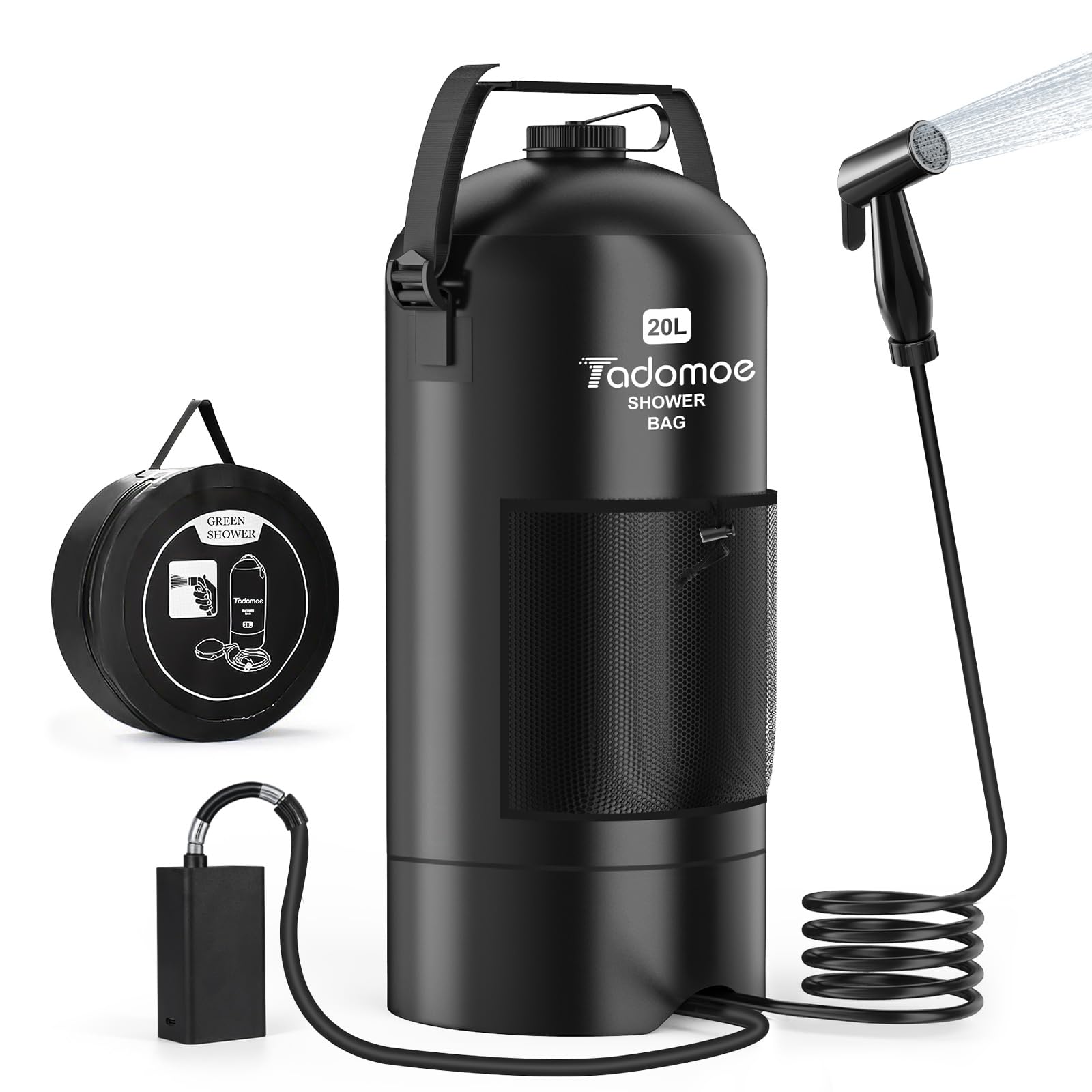 Douche Portable Électrique 20L avec 2000mAh Pompe - Douche Solaire de Camping Pliable avec Tuyau 2m & Sac de Rangement - Douche Extérieur pour Fourgon Aménagé, Plage, Chien et Randonnée
