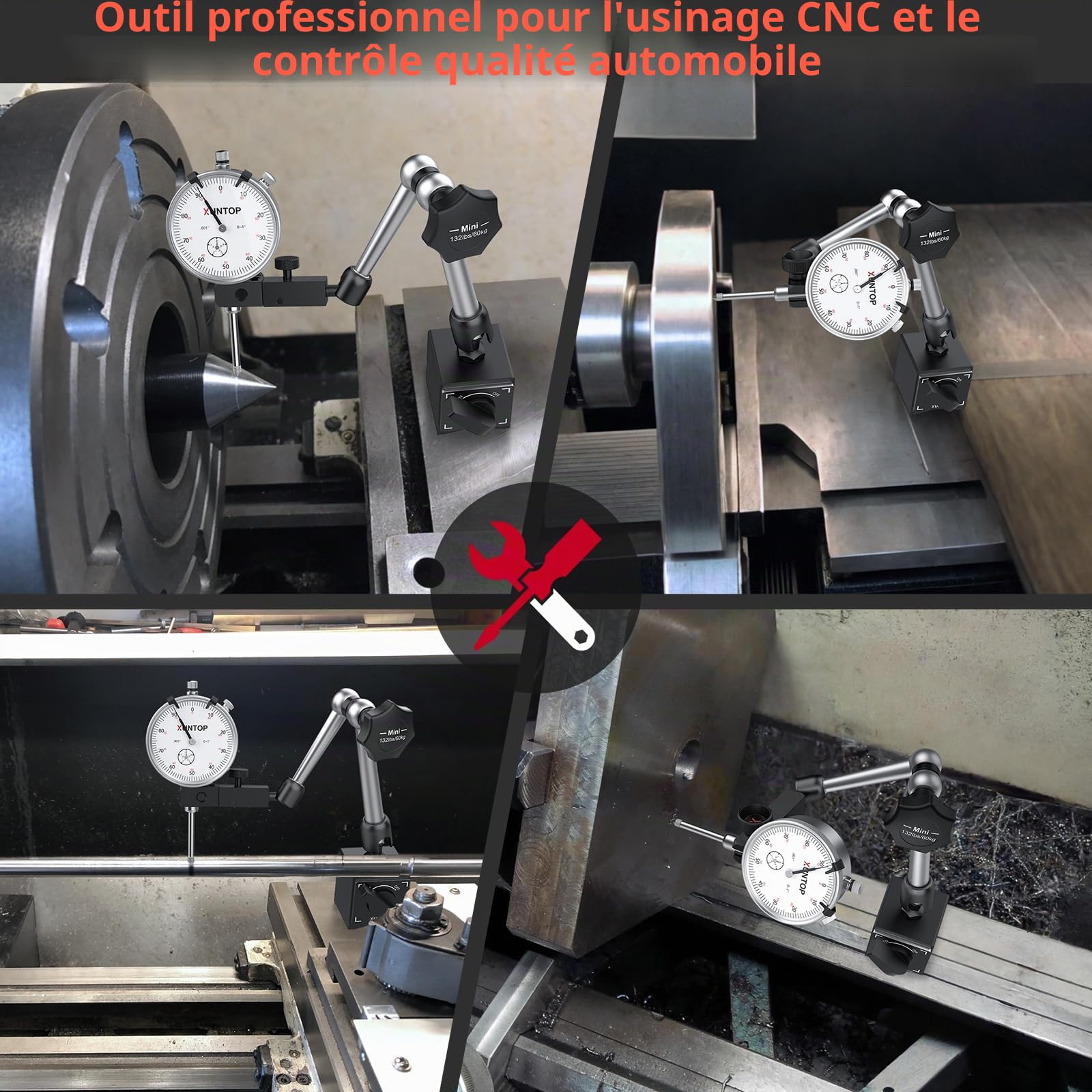 XUNTOP Comparateur Mécanique 0-20mm avec Support Magnétique 60kg Haute Précision 0.01mm Indicateur à Cadran pour Tour Fraiseuse Réglage Machine Outil Métrologie pour Usinage Bois Métal