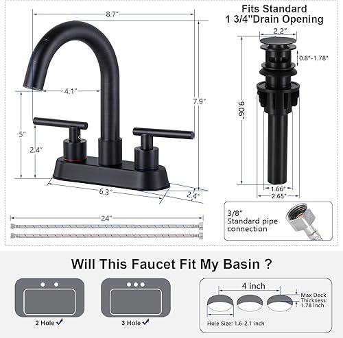 Miniatura 7 de Grifos de baño para fregadero de 3 agujeros, bronce aceitado de 4 pulgadas, grifo de fregadero central para baño con drenaje emergente y 2 mangueras