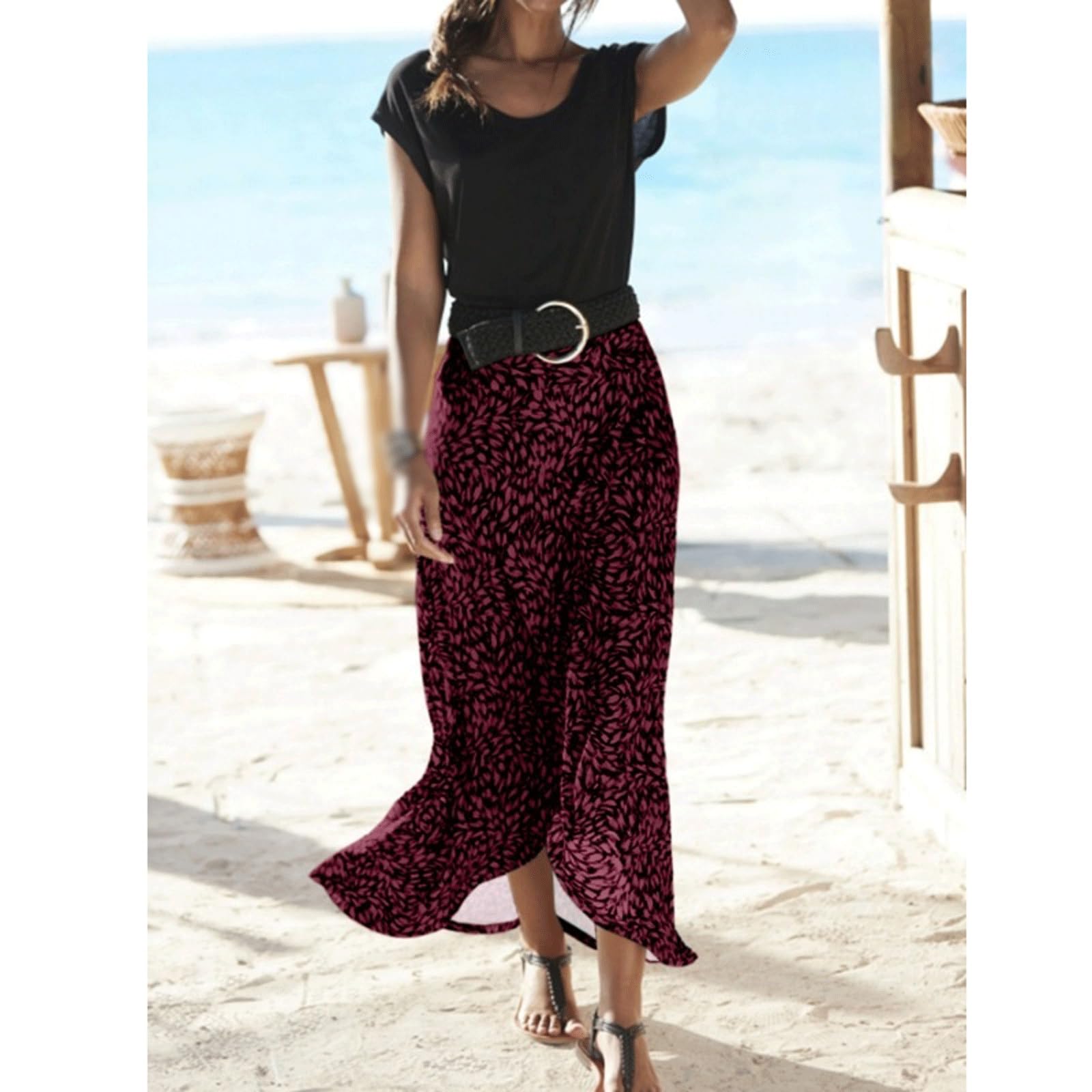 DUddTTW Fishtail Women's Midi Skirt Floral Elastic Waisted Swing Skirt Ankle Length Skirts Midi Length Flowy Skirt Maxi Skirts Vacation(Deepred,Lagre)