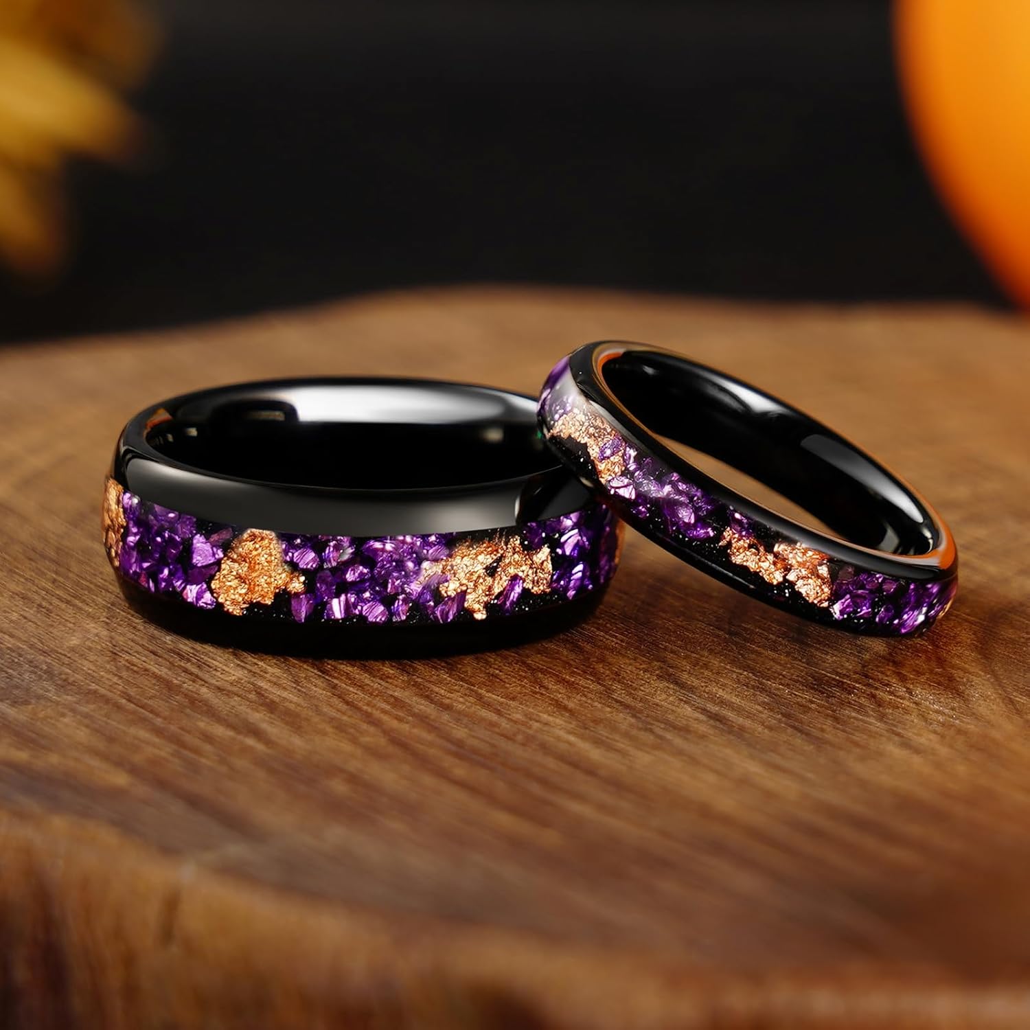 Purple Amethyst Outer Space Galaxy Look Tungsten Carbide Ring, Matching Nebula Black Silver 8/4mm Wedding Band for Man Woman, Anniversary Birthday Christmas Gift
