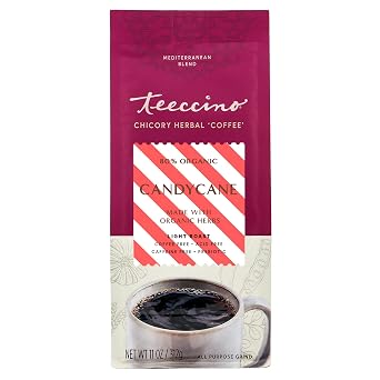 Teeccino Coffee Alternative Candy Cane Holiday Dessert Beverage Thats Prebiotic, Caffeine-Free & Acid Free, Medium Roast, 11 Ounce