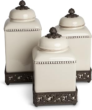15-Inch Tall Cream Ceramic Canister with Acanthus Leaf Adorned Metal Base
