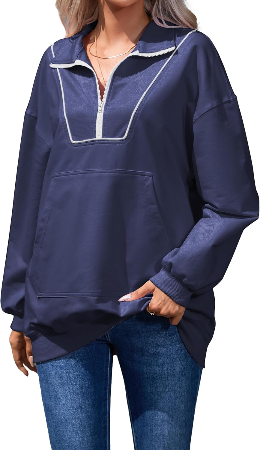 Famulily Cute Half Zipper Lapel Collar Pullover Tops Casual Drop Shoulder Contrast Color Line Sweatshirt with Kangaroo Pocket