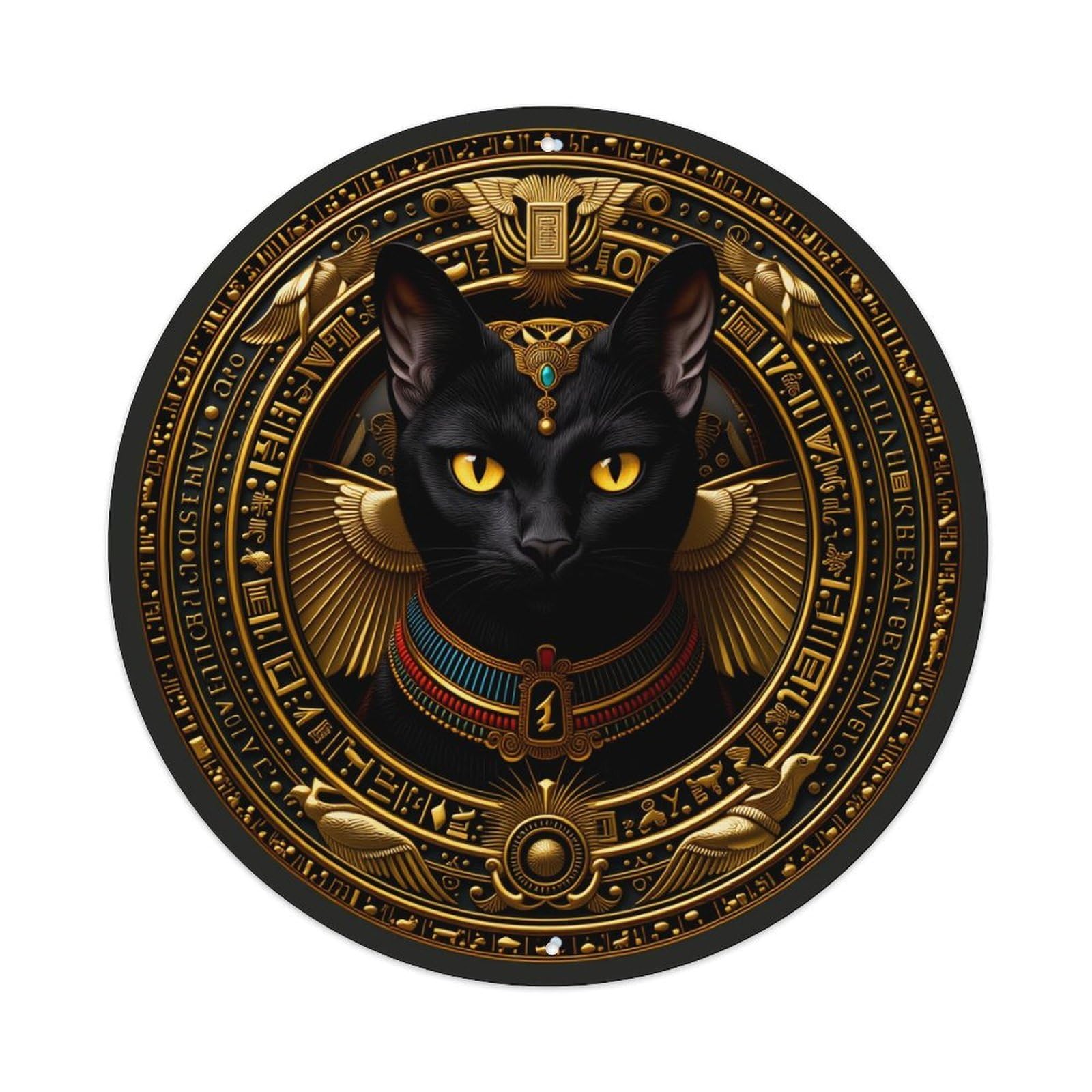 Egyptian Cat Symbol Gold Design Vintage Round Tin Sign Retro Metal Wall Decor Metal Poster, Home Bar Garage Farmhouse Cafe Wall Art Decoration 8x8Inches