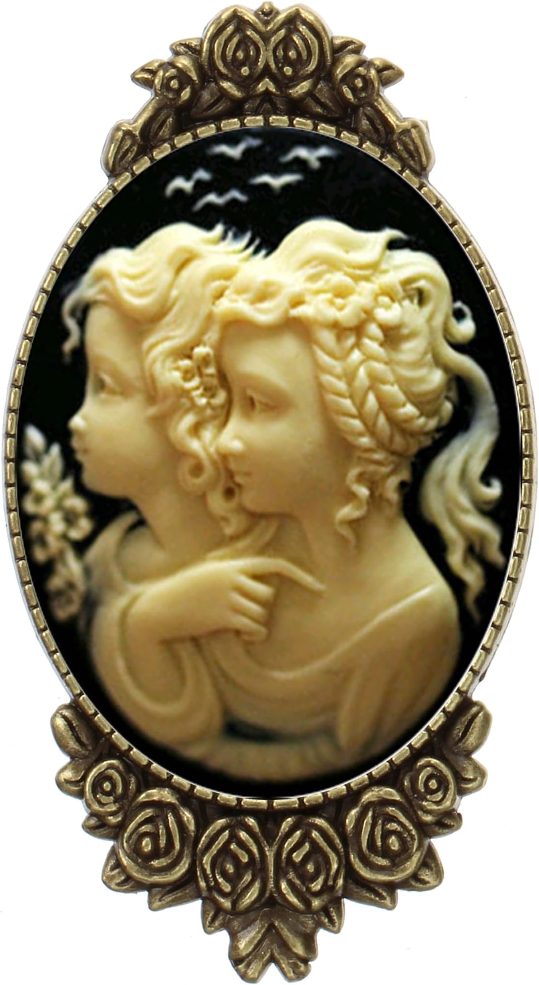 Cameo Style Brooch Pin Rose Decor Antique Brass Fashion Jewelry Pouch for Gift