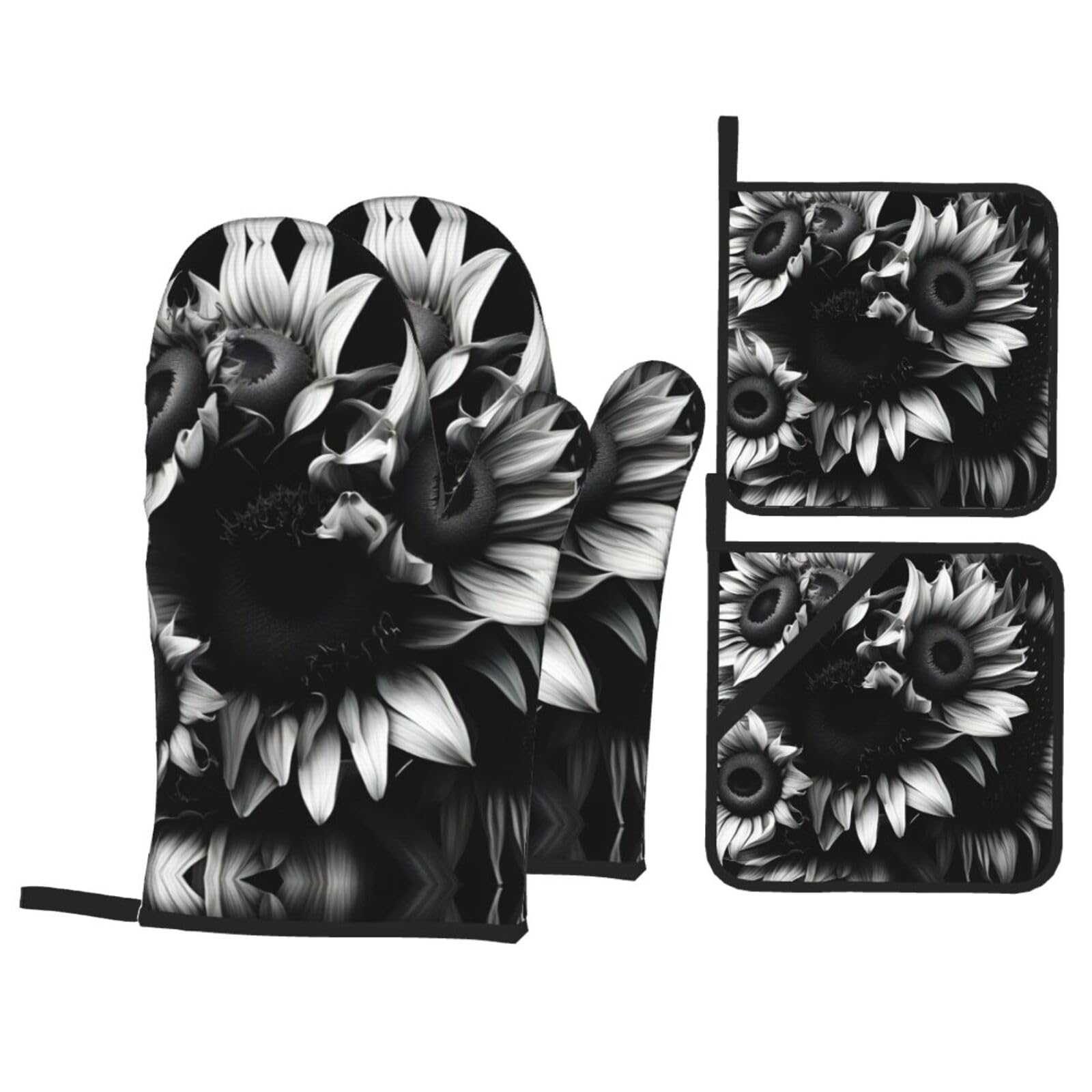 Black and White Sunflowers Print Oven Mitts,Pot Holders, Heat Resistant Oven Mitts Gloves,Hot Pads for Kitchen Cooking Grill