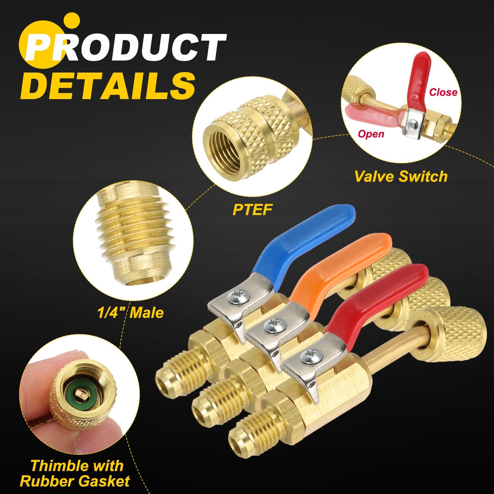 PATIKIL 3 válvulas de bola compactas para refrigerante de aire acondicionado SAE de 1/4 pulgadas con adaptador recto hembra de 5/16 pulgadas a macho de 1/4 pulgadas para mangueras de carga HVAC