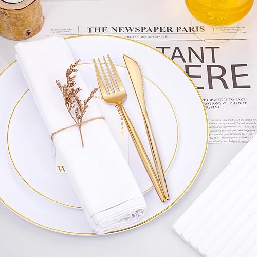 Miniatura 9 de U-QE 180 cuchillos de plástico dorados, cubiertos desechables de plástico resistente, cuchillos pesados, cubiertos dorados perfectos para fiestas,