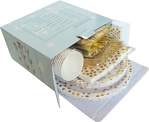 Miniatura 5 de 200 piezas de suministros de fiesta dorados, platos y servilletas dorados, cubiertos para 25 juegos para bodas, despedidas de soltera, compromisos,