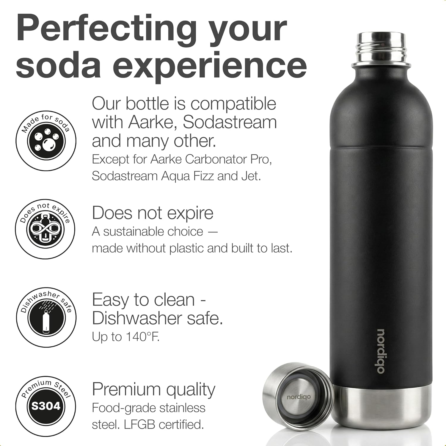 Stainless Steel Carbonating Bottle 33 oz | Compatible with Aarke Carbonator 3, SodaStream Duo & Plastic Bottles | Not for models Aqua Fizz & Jet | No Expiry | Plastic-Free - Image 2