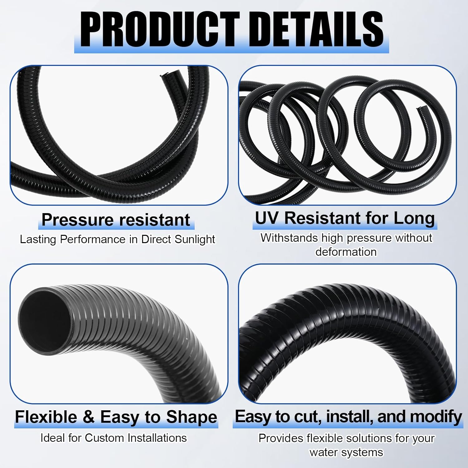 1.5" Dia Pond Pump Tubing, 50 ft x 1-1/2" Non Kink Flexible PVC Pipe, for Irrigation Koi Ponds Waterfall, Gardens Hose, Schedule 40 Reinforced Vinyl, UV Crush Resistant, Black
