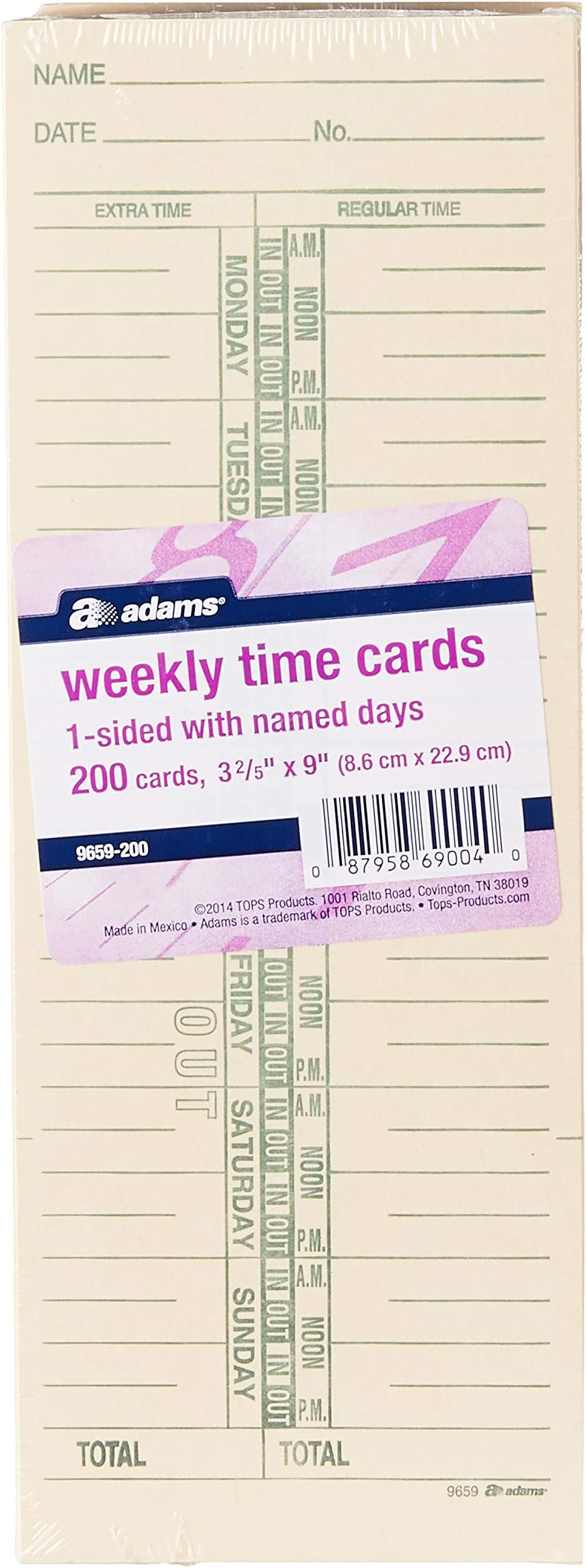 Adams Time Cards, Weekly, 1-Sided, Named Days, 3-3/8" x 9", Manila, Green Print, 200-Count (9659-200)