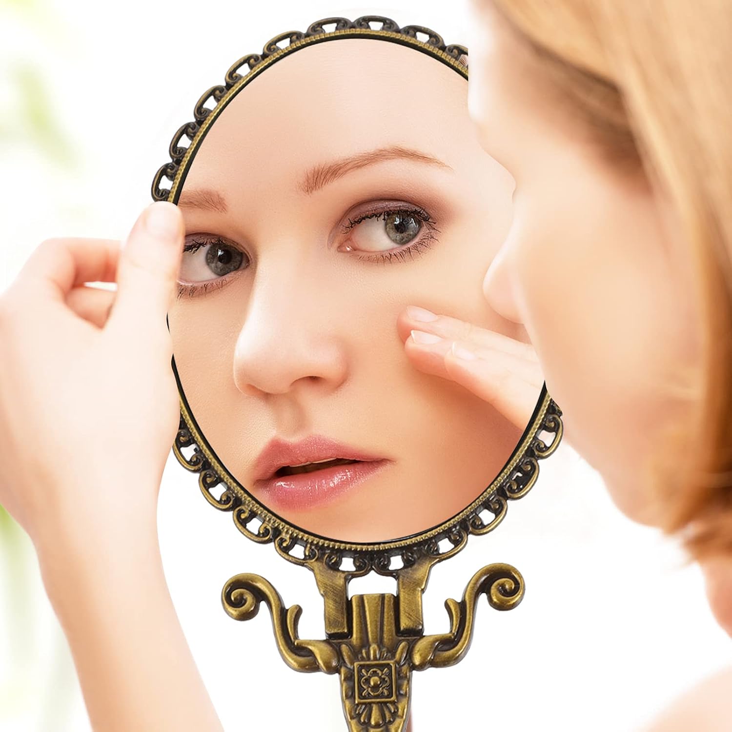 Healeved Vintage Handheld Mirror Foldable Hand Held Mirror Metal Makeup Mirror with Handle Vintage Compact Mirror for Home Travel