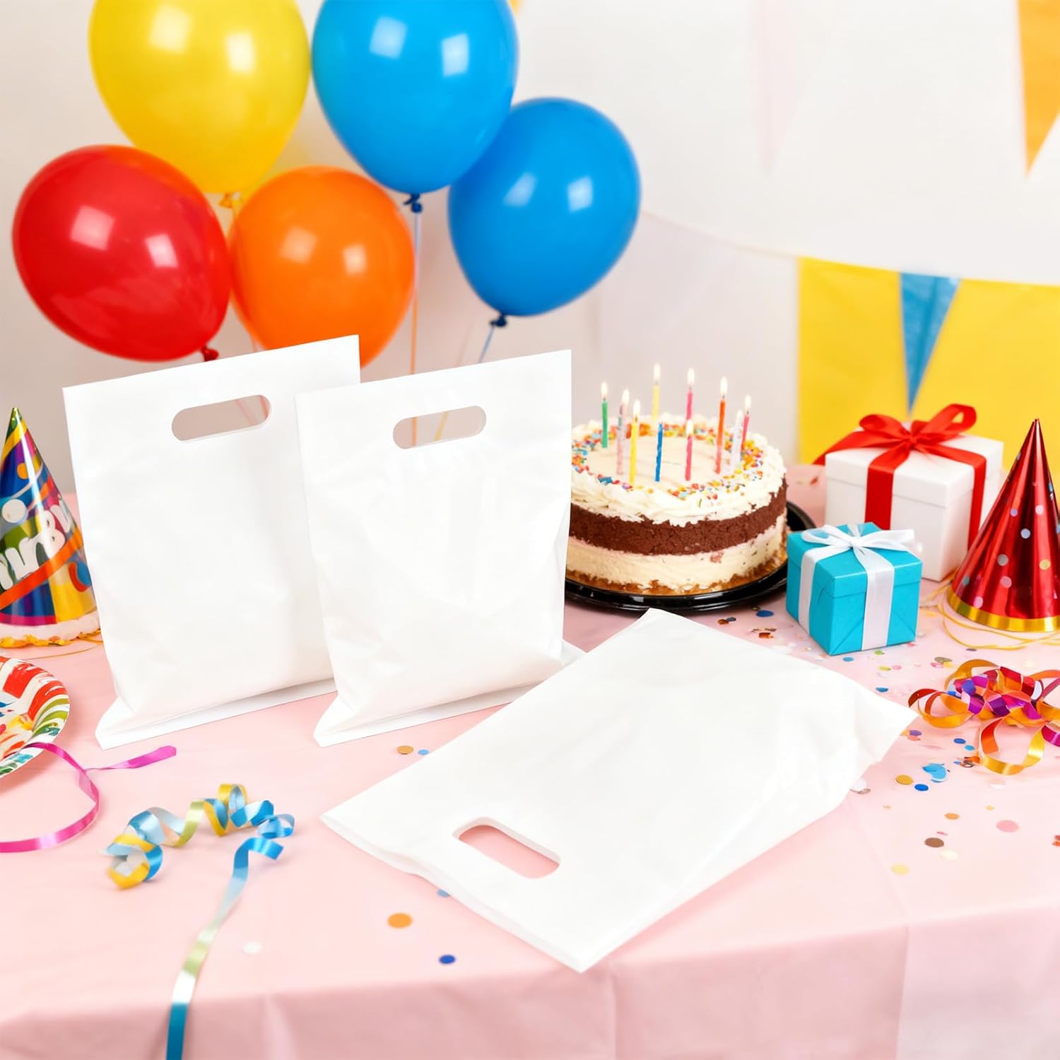 BadenBach 100 Pack 9"x12" White Plastic Bags with Handles, Merchandise Retail Shopping Bag Gift Bags Goodie Bag for Small Business Boutique Wedding Birthday Baby Shower Valentine's Day - Image 6