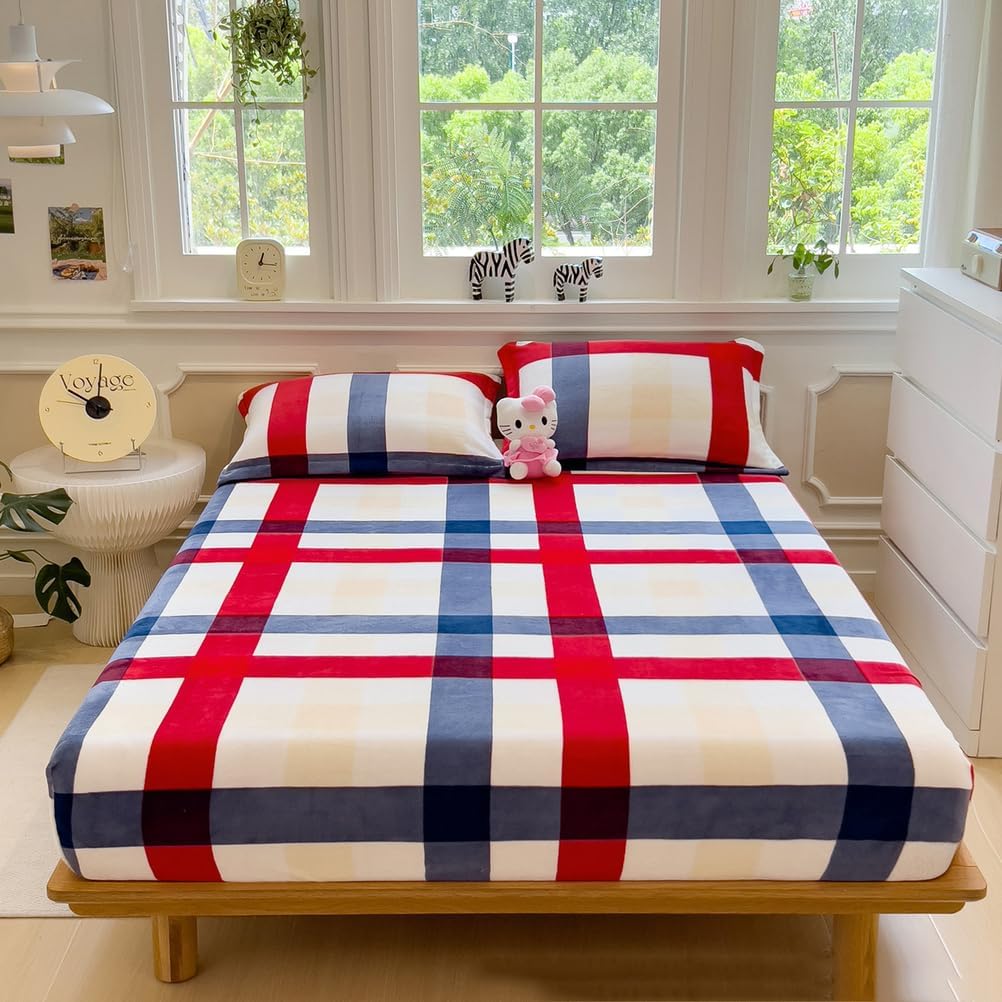 E,90x200cmTWIN,LDLCYCN Velvet Mattress Protector King Queen Twin Size Warm Mattress Cover Soft Bed Cover with Grid Pattern Comfortable Mattress Pad Cover Full Wrap Fitted Sheet Washable