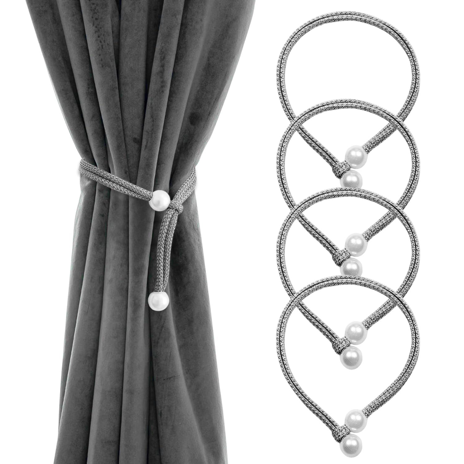 KEJOL 4 Pack Curtain Tie Backs, Elegant Pearl Tie Backs for Curtains | Grey Curtain Tiebacks | Hand-Knitted Curtains Tie Backs | for Home Office Living Room Bedroom — image 1
