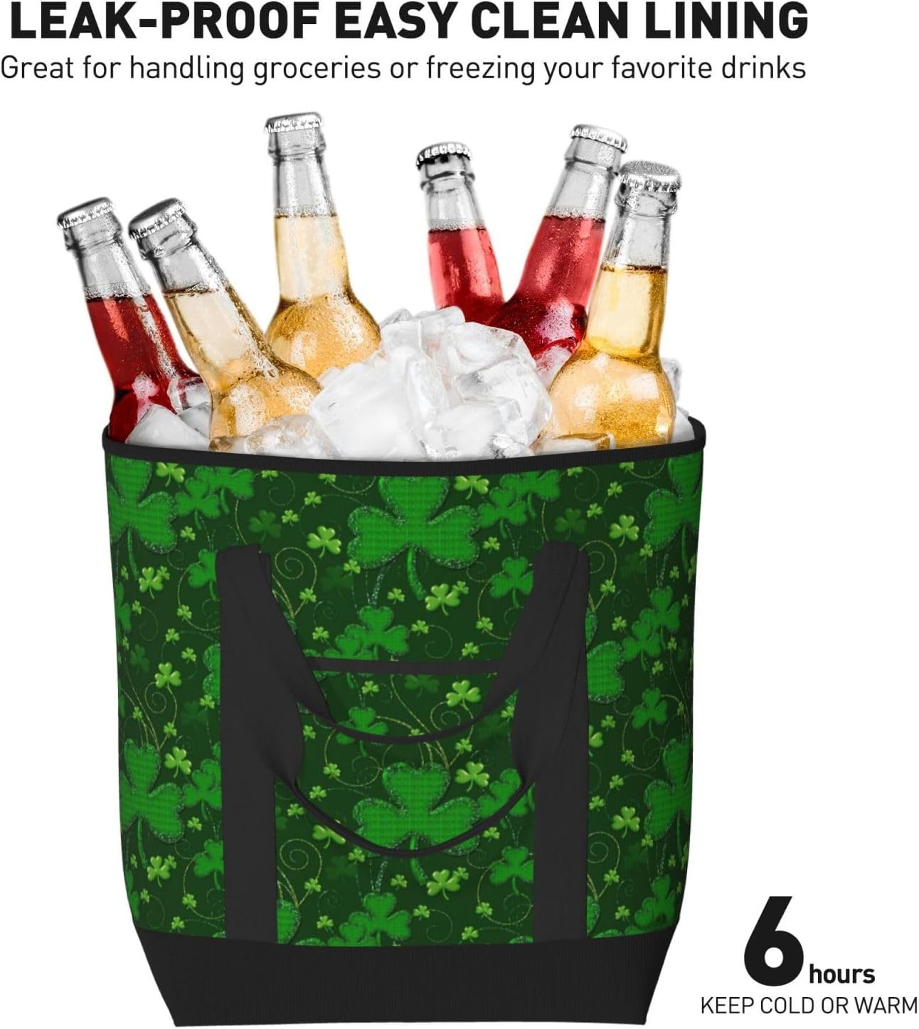 Background St Patrick'S Day Glitter Print Large Cooler Bag Tote Bag,Reusable Grocery Bag,Lunch Box Bag, For Picnic Beach Camping