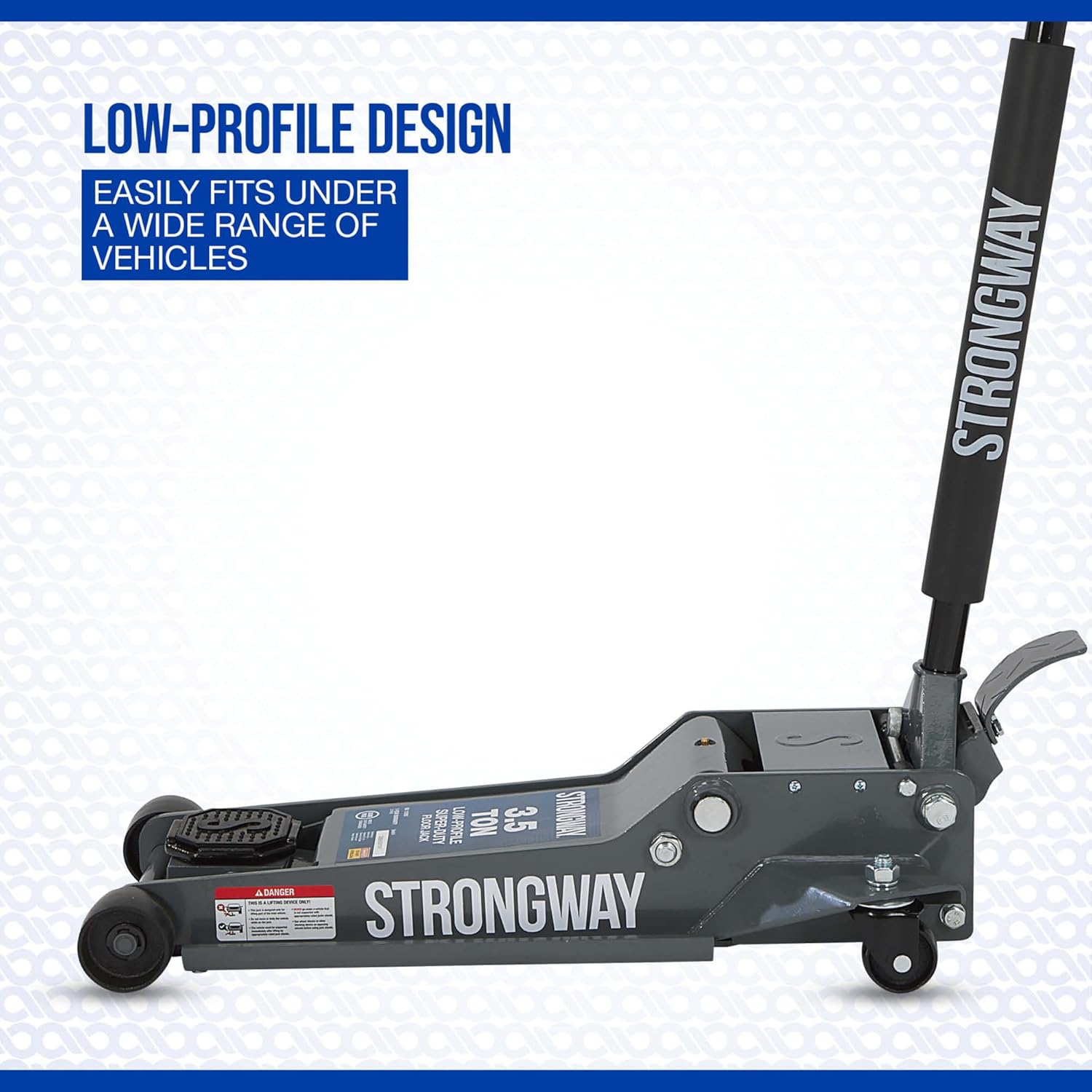 Side view of Strongway 3.5-Ton Floor Jack highlighting low-profile design