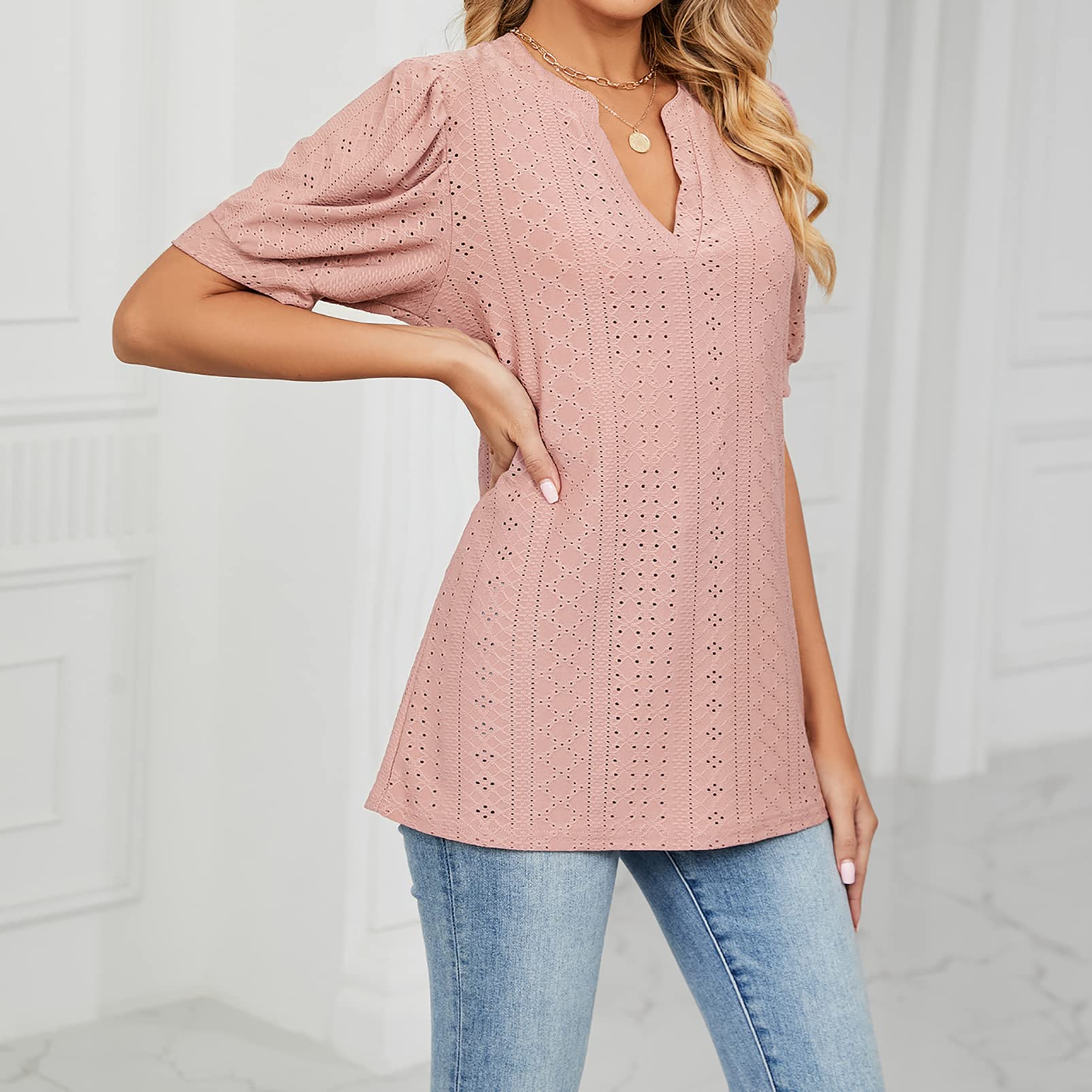 Camiseta de Verano para Mujer, Camiseta Informal con Cuello en V, Manga Farol Hueca Sólida Camiseta Holgada Camisas Básicas de Manga Corta Blusa Bonita para el Trabajo