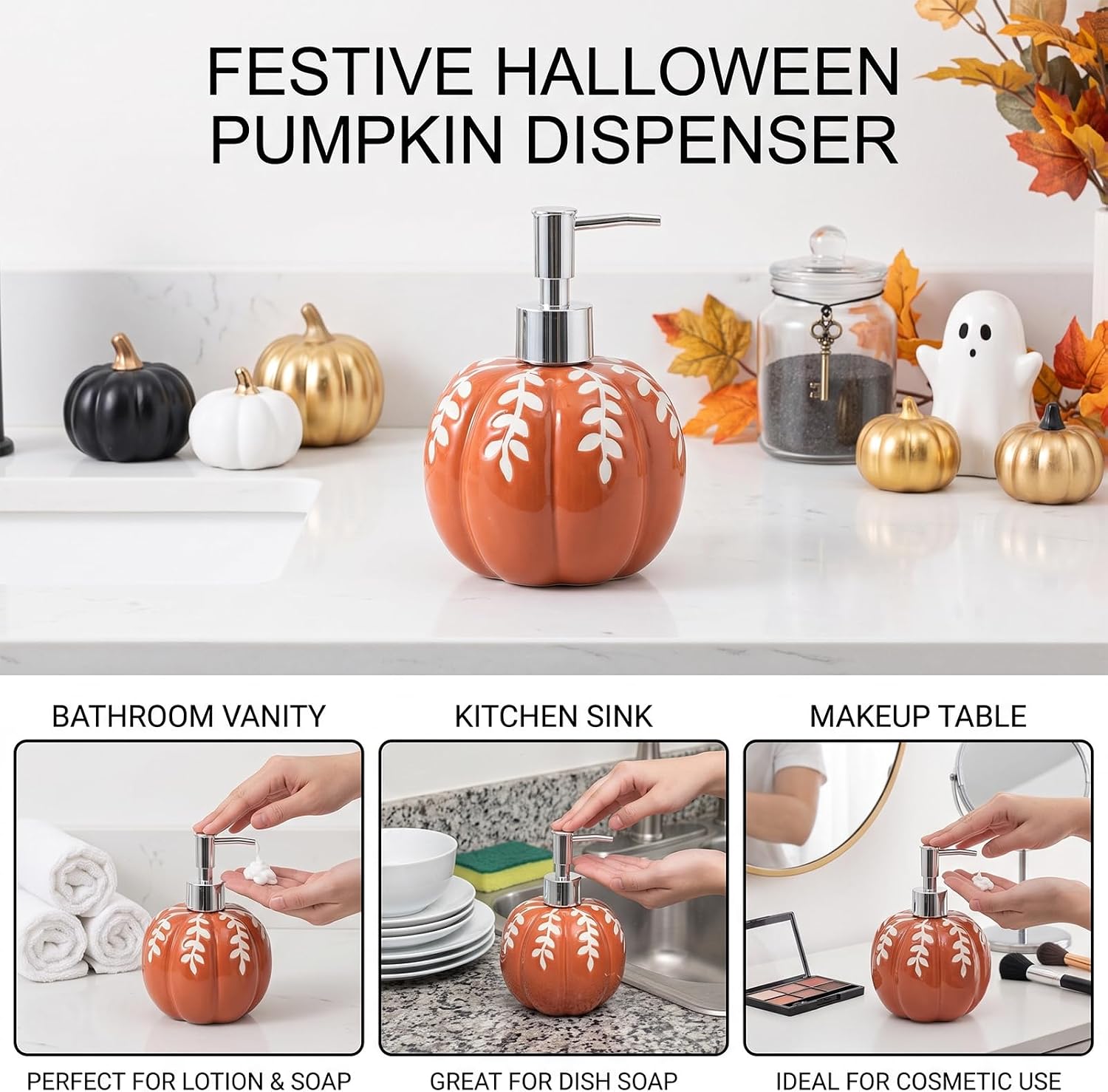 Pumpkin Ceramic Soap Dispenser, 460ML Handmade Decorative Lotion Bottle, Rustic Countertop Liquid Soap Pump for Bathroom Kitchen Home Decor Holiday Housewarming Gift
