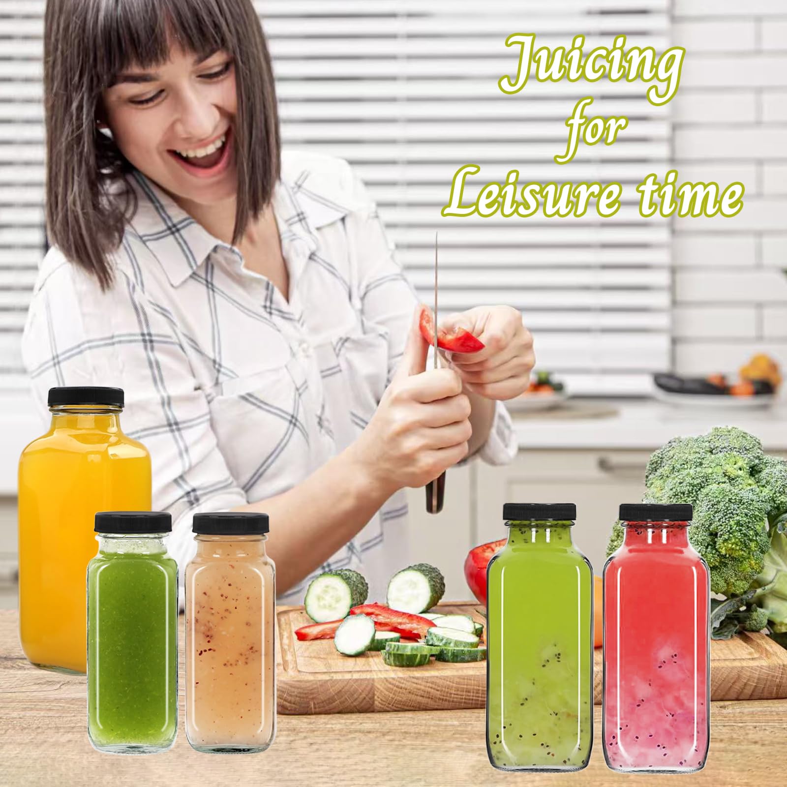 NEWMIAO Paquete de 6 botellas de jugo de vidrio de 8 onzas con tapas, botellas de agua de vidrio reutilizables de 250 ml, recipientes vacíos para bebidas con cepillo, para leche, jugos, kombucha,