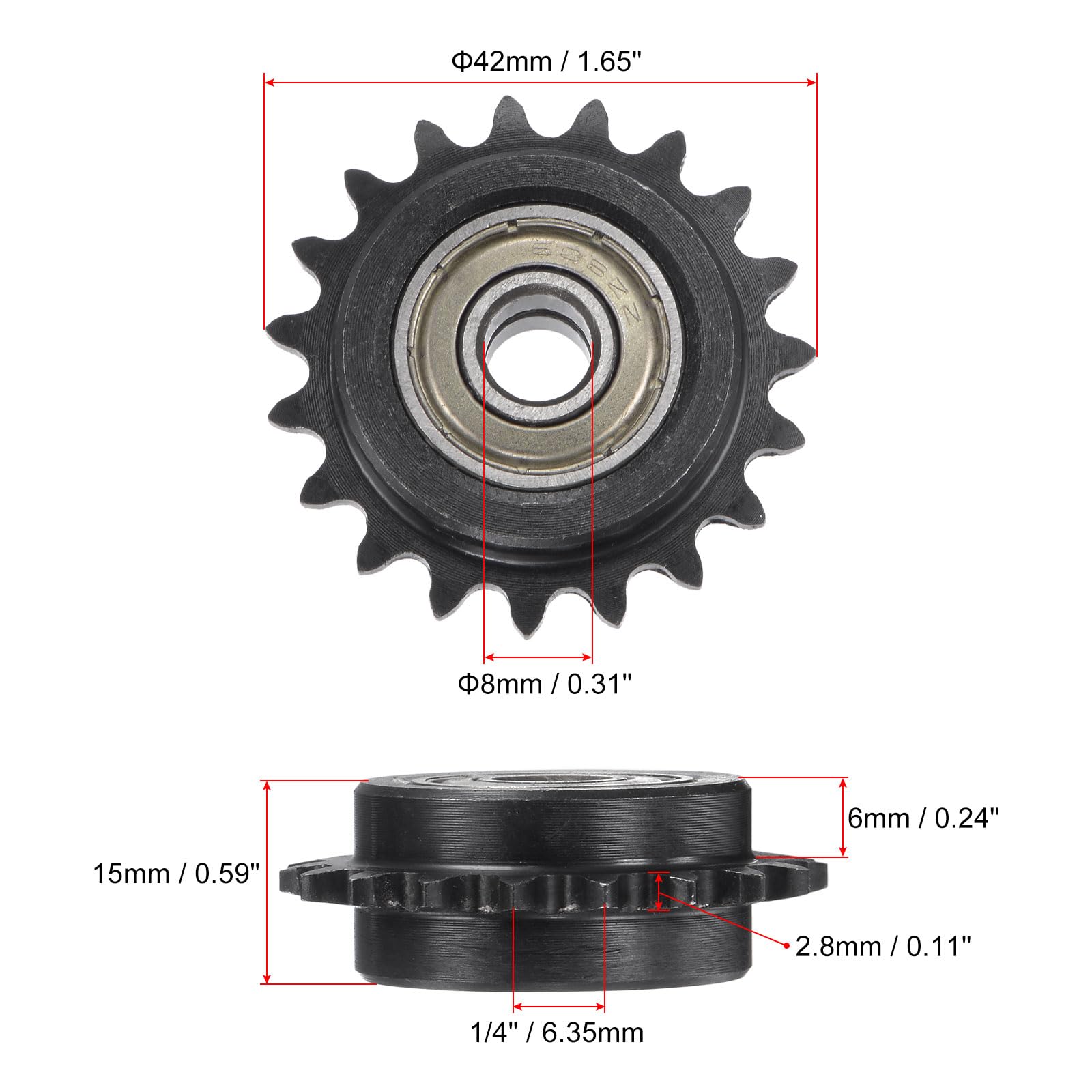 uxcell Pignone folle per catena a rulli #25, foro da 8 mm, passo 1/4", tendicinghia a 19 denti, in acciaio al carbonio C45, pignone a 25 rulli con cuscinetto per catena ISO 04C, 2 pezzi