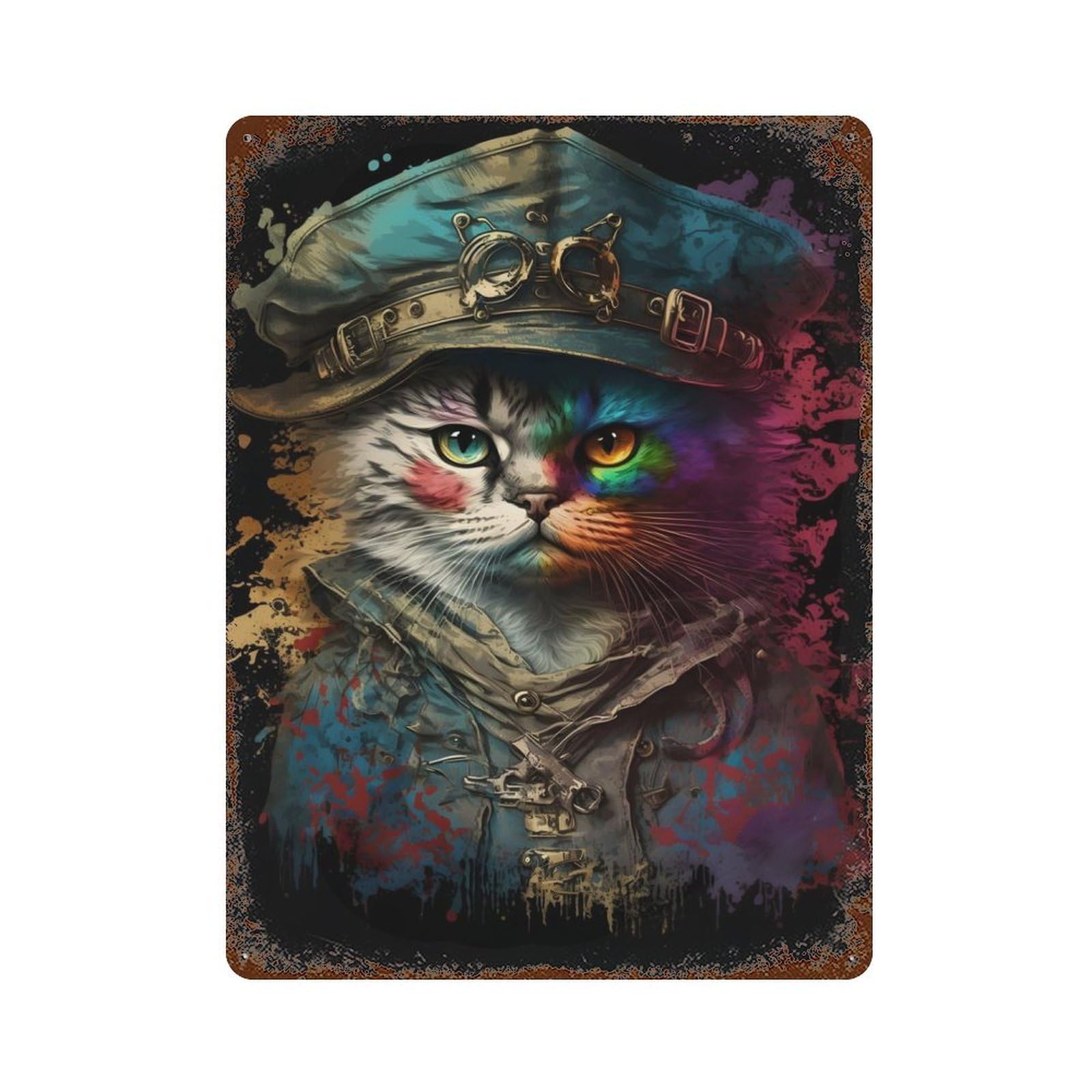 Aged Metal Wall Plaque with Pirate Cat Painting Design 15.7"x11.8", for Basement, Hobby Room And Garage Decor, Farmhouse Wall Decor