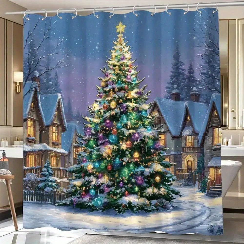 GLKSDLPO Market Christmas Tree Theme Bathroom Shower Curtain, Silent Night Design with 12 Hooks Home Decor Suitable for Christmas(168x183cm/66x72in(WxH))