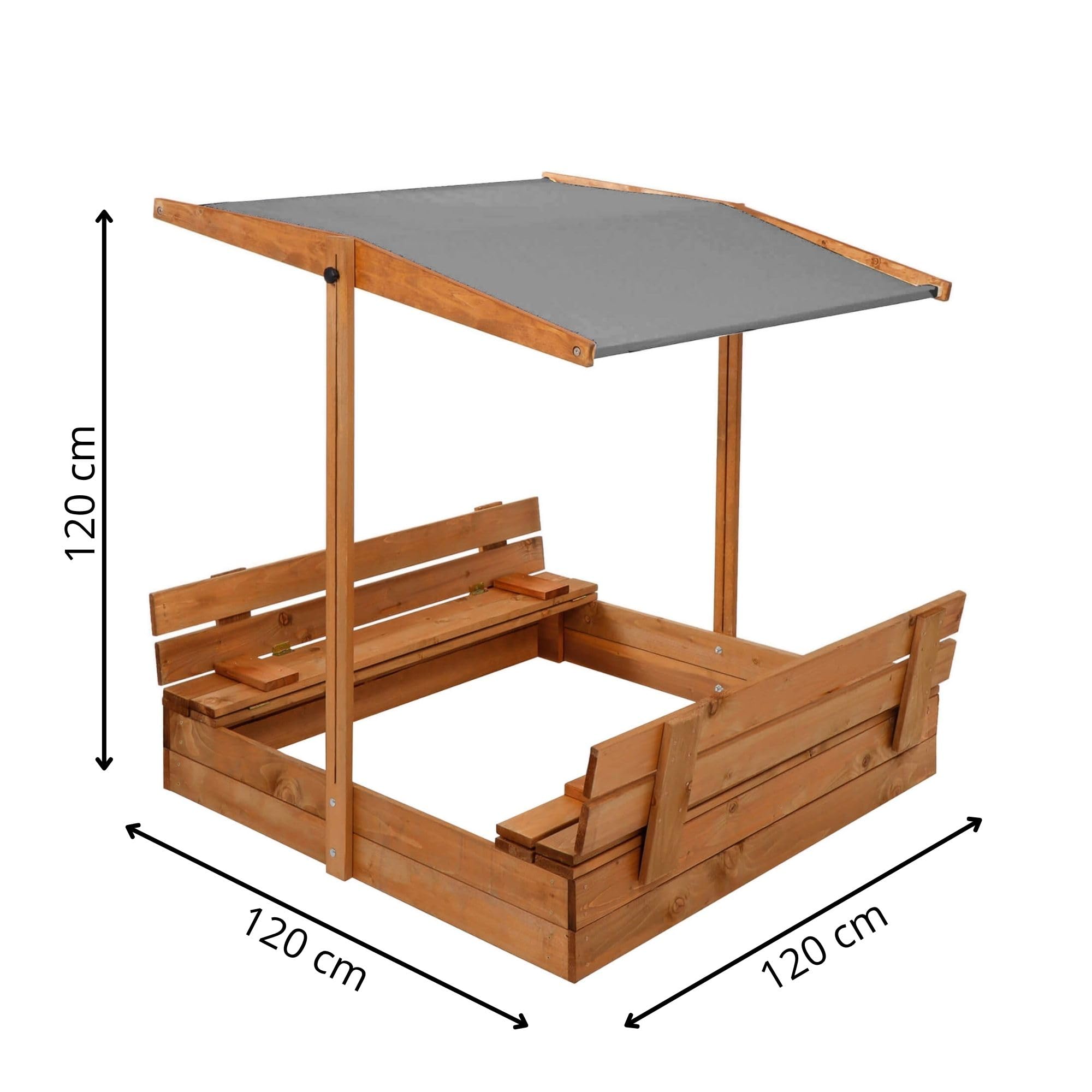 Bac à sable en bois 120 x 120 cm avec toit et couverture, bac à sable pour enfants, bac à sable de jardin en bois de conifère imprégné, toit pare-soleil réglable, pliable, marron, gris SPRINGOS