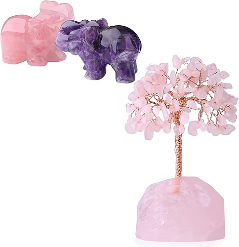 DUQGUHO Paquete 3 artículos árbol de cristal de cuarzo rosa con 2 piezas de decoración de elefante de cristal