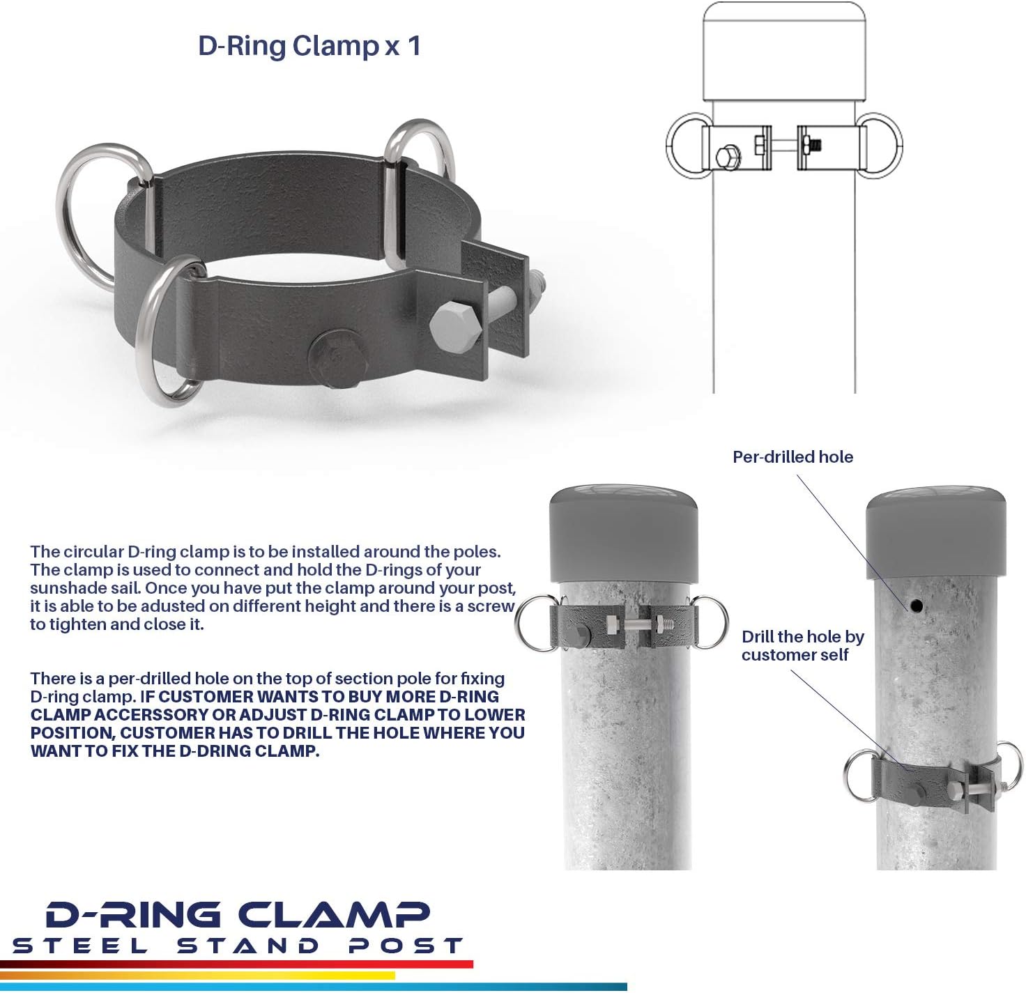 Windscreen4less D-ring Clamp for Sun Shade Sail Pole Accessories,Shade Sail Stand Post,Awning Support Poles,Canopy support Pole,Strengthen,Heavy-duty support-steel - gray