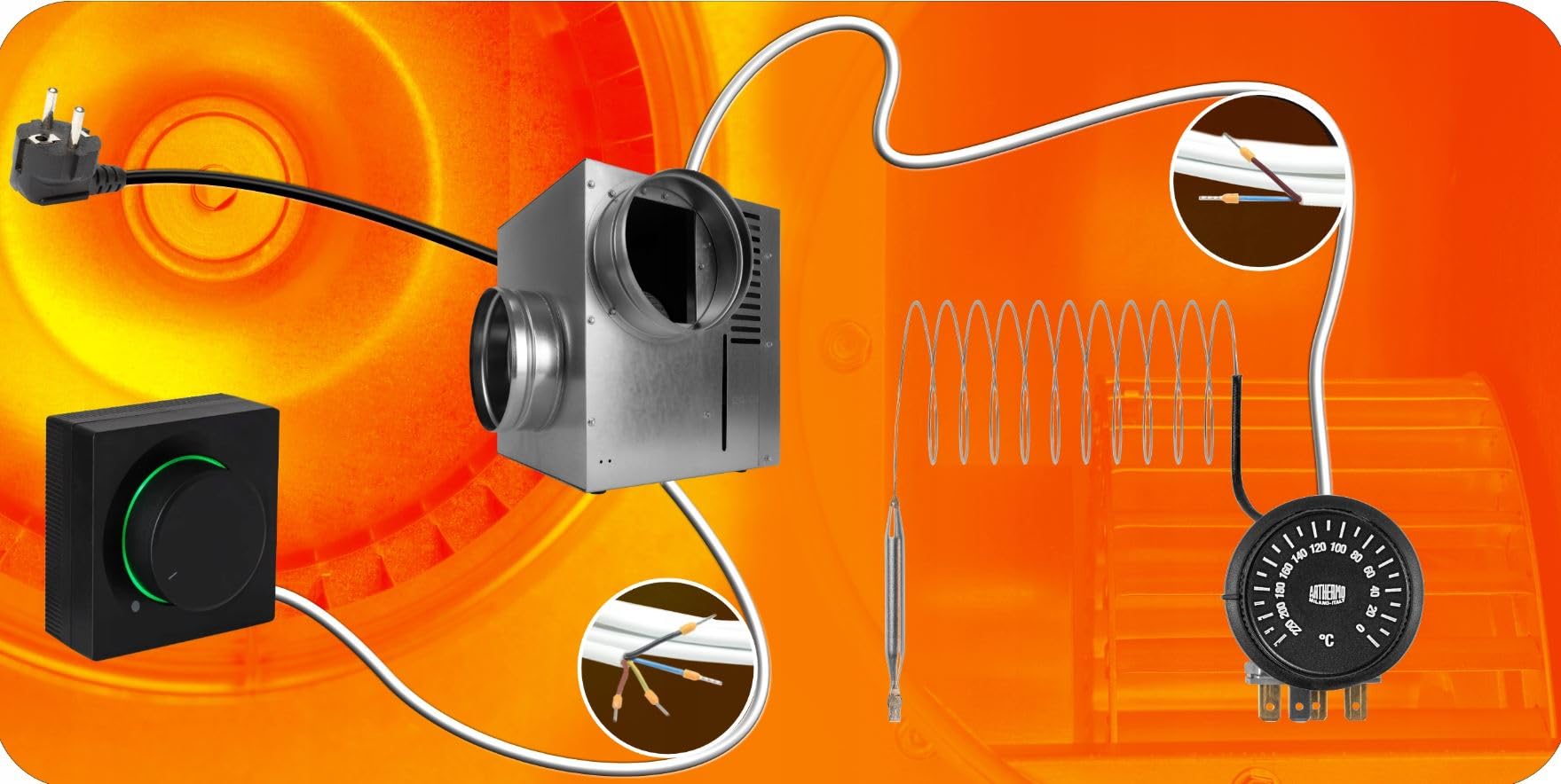 SYSTERM Ventilateur de cheminée AN1 gen II 125 mm 490 m3/h - Ventilateur à air chaud avec thermostat et régulateur de vitesse mural (AN1 gen II, noir)