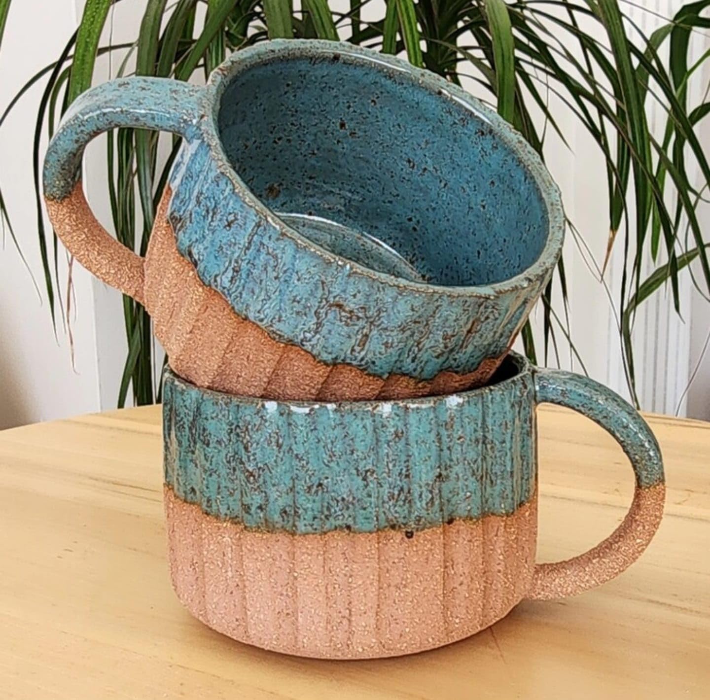Handmade Ceramic Coffee Mug, Turquoise Blue and Natural Terracotta, Rustic Textured Finish, Artisan Pottery Tea Cup