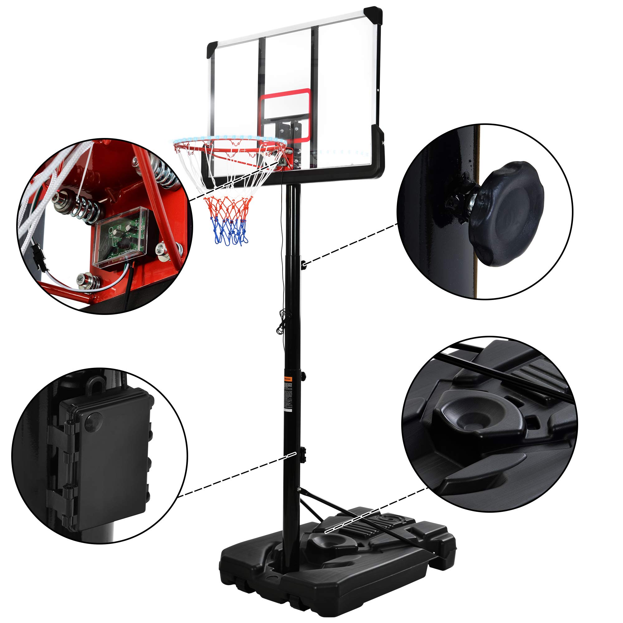 Yoluckea Portable Basketball Hoop, Adjustable Teenager Basketball Rack with Waterproof Super Bright LED Basketball Hoop Lights, Outdoor/Indoor Adjustable Height Basketball Set for Youth (6.6-10ft)