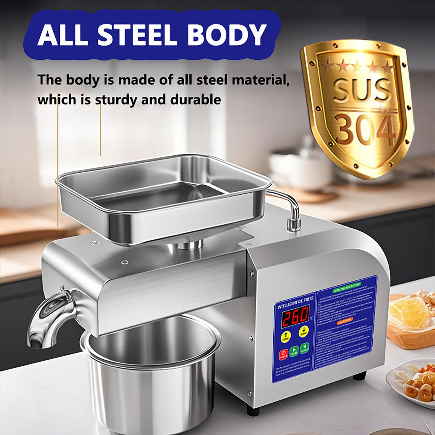 Prensa de Aceite de Oliva Eléctrica Z5 1100W | Máquina Automática de Prensa de Aceite en Acero Inoxidable 304|Prensado en Frío y Caliente|Para Nueces,Semillas,Sésamo,Cacahuetes y Huesos de aceituna