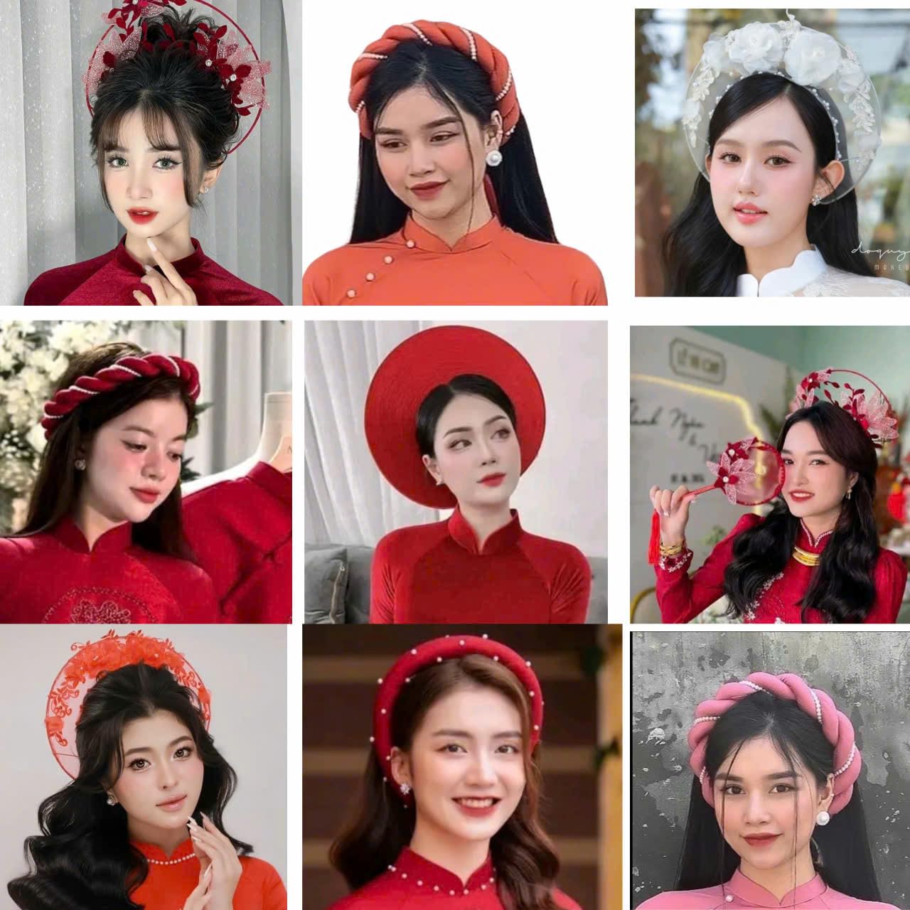 new Vietnamese women’s red bridal headpiece mấn cô dâu trơn wedding engage ? Beautiful handmade red, gold or white beaded bridal  main image 4