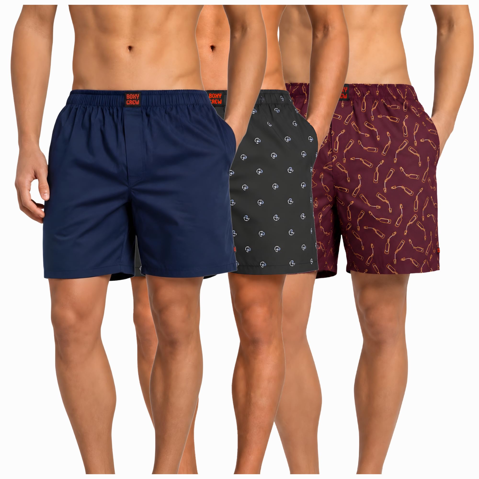 Men's 100% Cotton Boxer Shorts Pack of 3, Navy Blue, Navy Blue & Maroon | Woven Boxers with Side Pockets, No-Marks Elastic Waistband, Breathable Relaxed Fit | Style 002-009-014-image-33