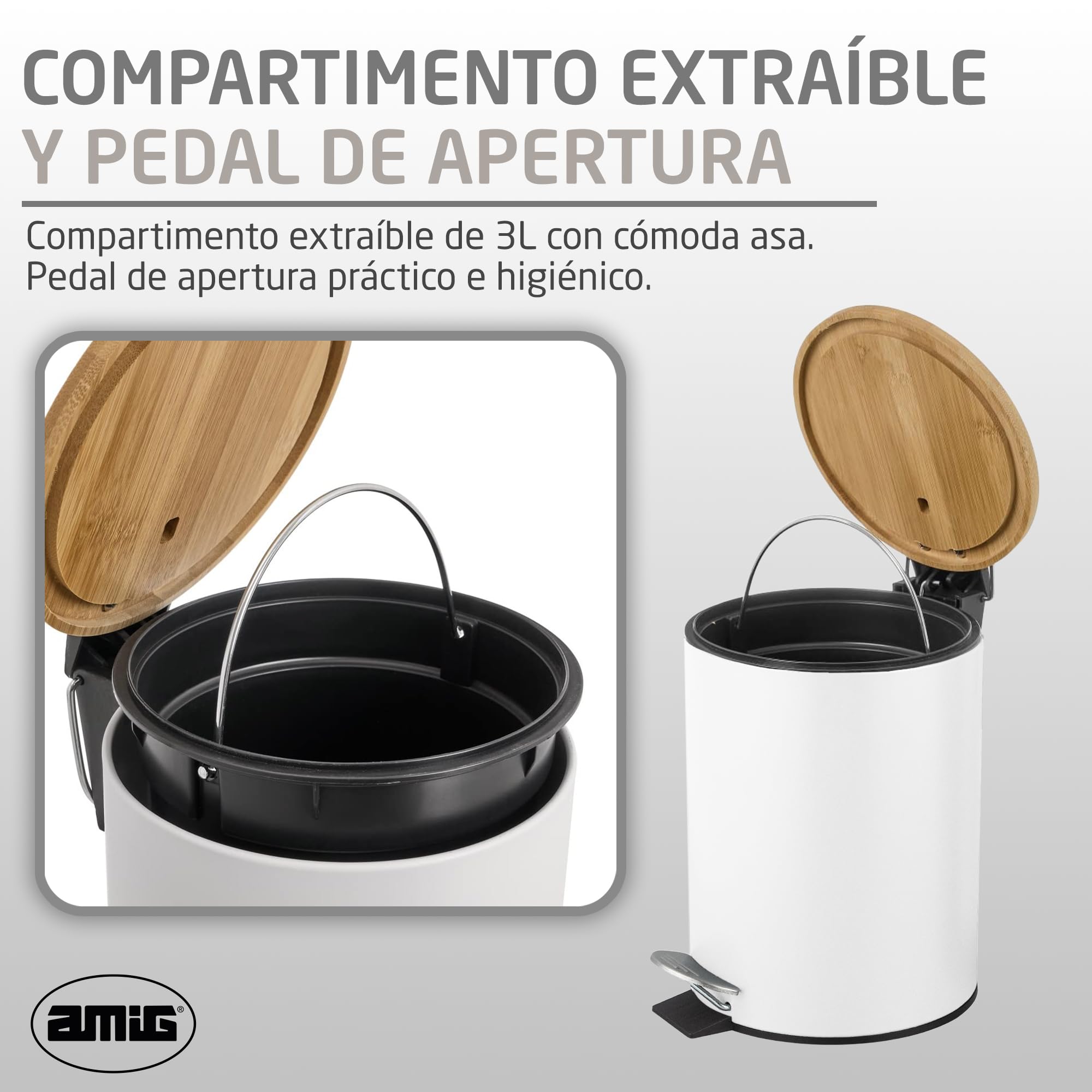 Amig - Cubo de Basura para Baño con Pedal 3 Litros Mod. Naturline - Color Blanco y Bambú - Apertura Higiénica sin Manos - Ø16,8 x 23 cm - Acero Inoxidable Lacado - Papelera Redonda con Tapa Hermética