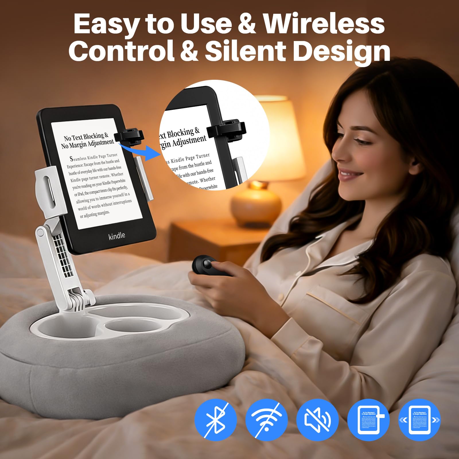 Grauer Kindle-Kissenständer mit schwarzer Fernbedienung, verstellbarer Kindle-Halter für Bett, Sofa, 2-in-1-Ständer und Seitenwender für Kindle/Tablet, weicher Plüsch zum Lesen im Bett