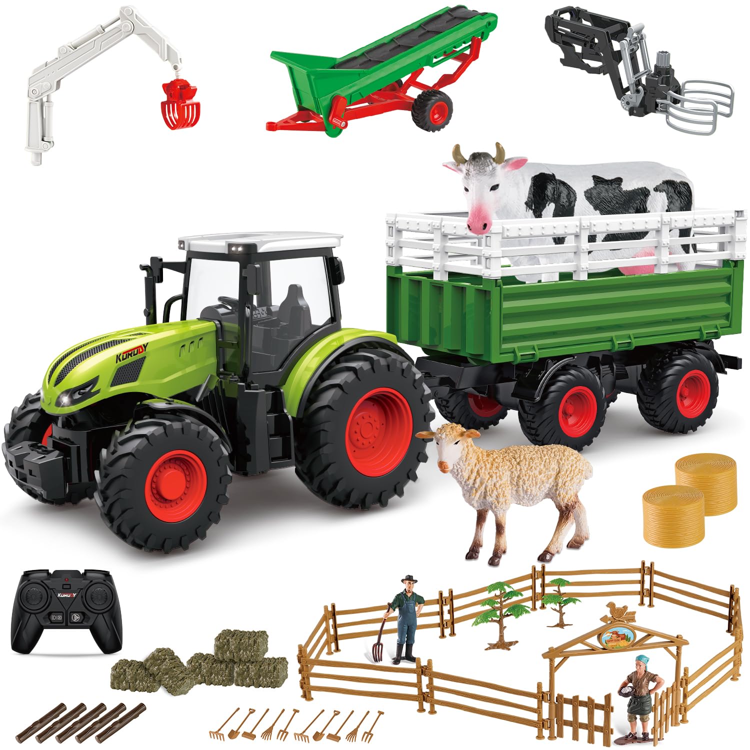 fisca 45PCS Kinder RC Traktor Spielzeug Bauernhof Spielset, 2.4Ghz Fernsteuerung Bauernhof Traktor Set mit Anhänger & Förderband & Bauernhof Tiere Figuren Zäune Landwirte für Kinder Alter 3+ | 45 PCS Bauernhof Spielset traktor ferngesteuert,， traktor mit