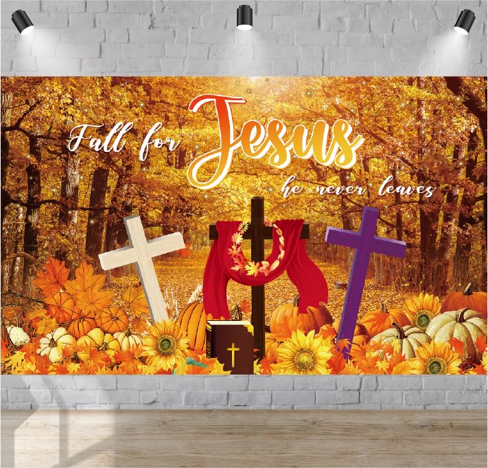 ONANNA Fall Religious Banner: Fall for Jesus He Never Leaves - 59' x 39' Orange Crosses Pumpkins Sunflowers Thanksgiving Decor