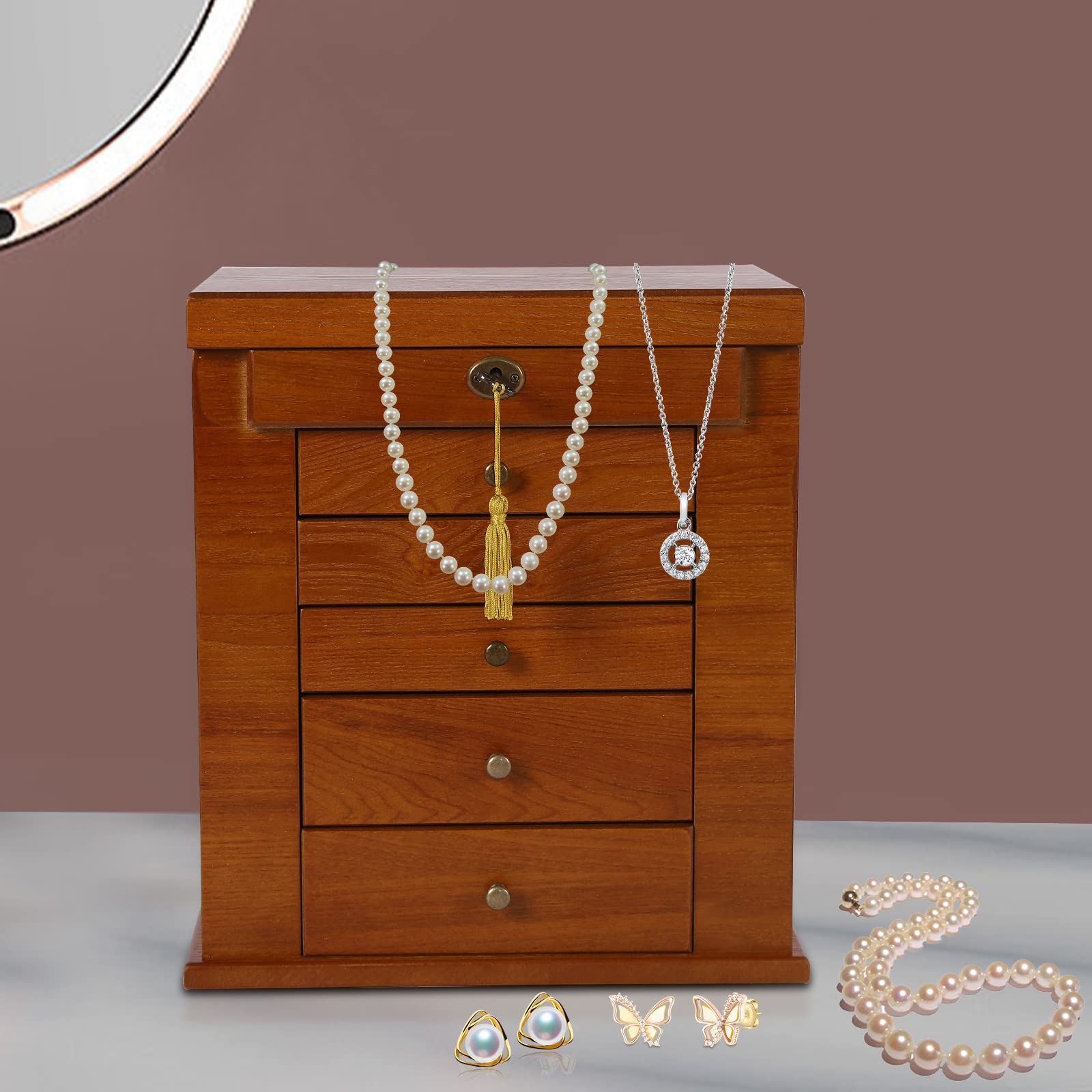 Joyero de 6 niveles con cierre y forro de terciopelo para organizador de joyas de madera con 5 cajones