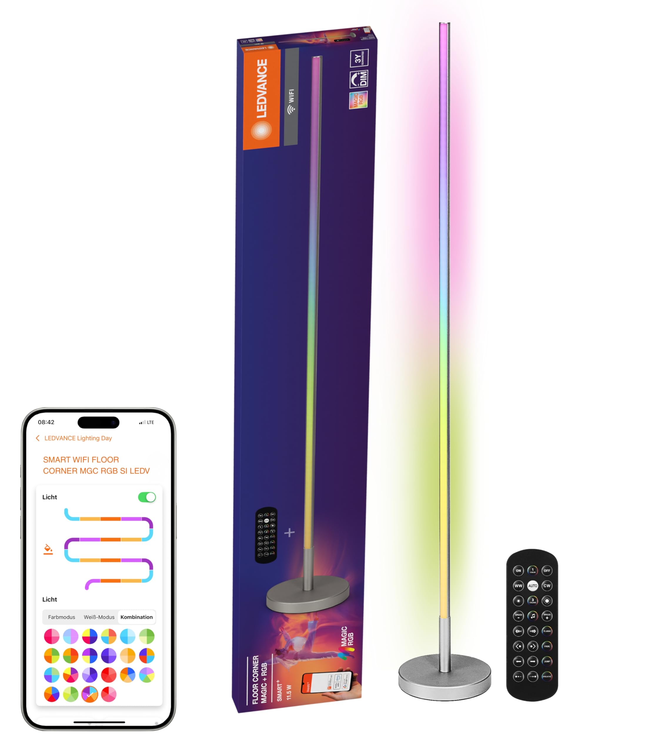 LEDVANCE SMART WIFI smarte und moderne Stehleuchte für indirekte Beleuchtung mit WiFi-Technologie und Magic RGB; dimmbar; silber; Aluminium; Leuchtmittel nicht austauschbar