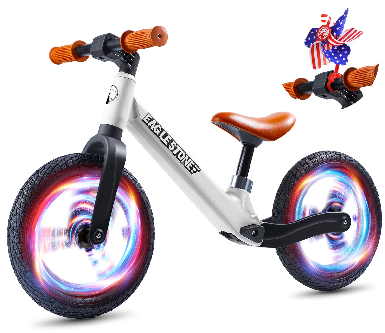EagleStone Toddler Balance Bike 2 Year Old, Colorful Lighting Toddler Bike with Inflatable Tires and Adjustable Seat, Lightweight for 2-5 Year Old Boys & Girls, Birthday Gift, White